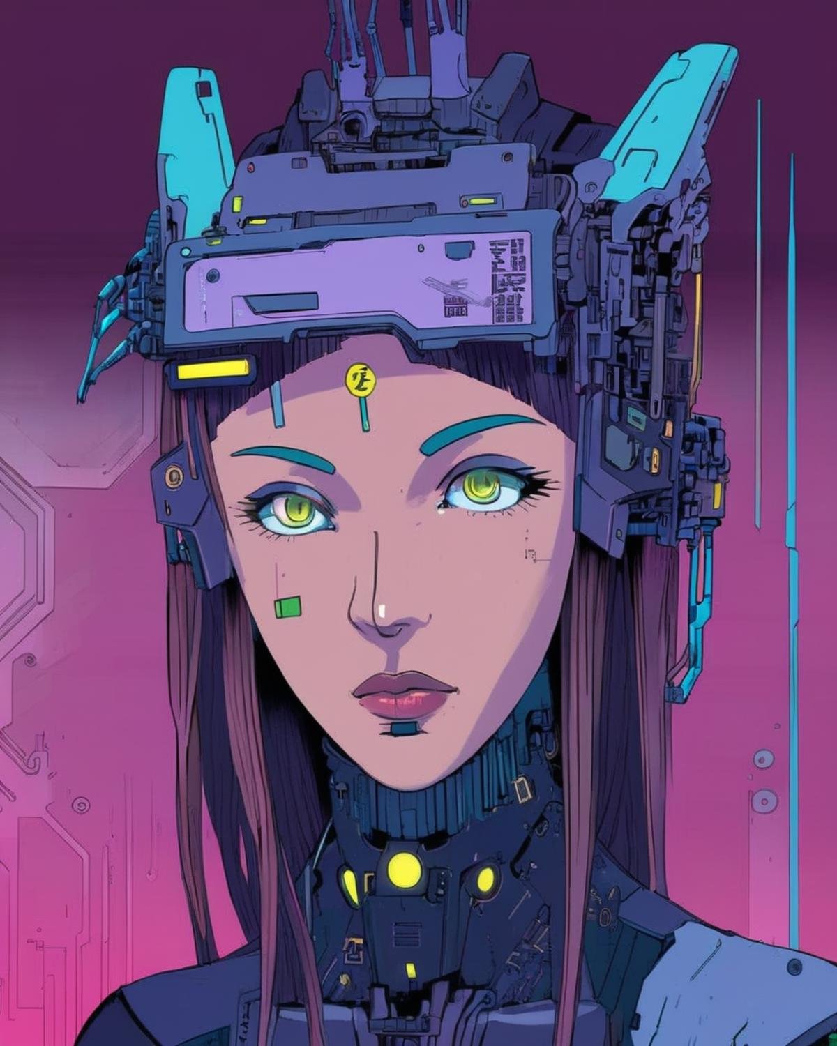 anime, a woman with a futuristic face and headpiece ,  cyberpunk, cyberpunk art, retrofuturism<lora:Cyberpunk _Anime_sdxl:1.0>