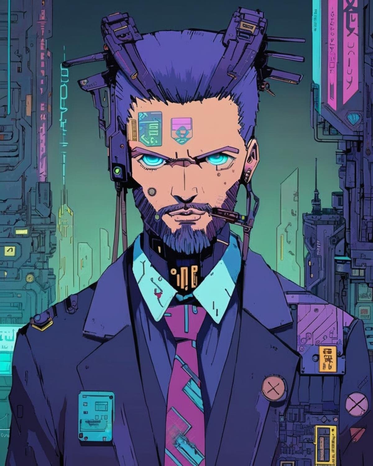 anime, a man with a beard and a tie ,  cyberpunk, cyberpunk art, retrofuturism<lora:Cyberpunk _Anime_sdxl:1.0>