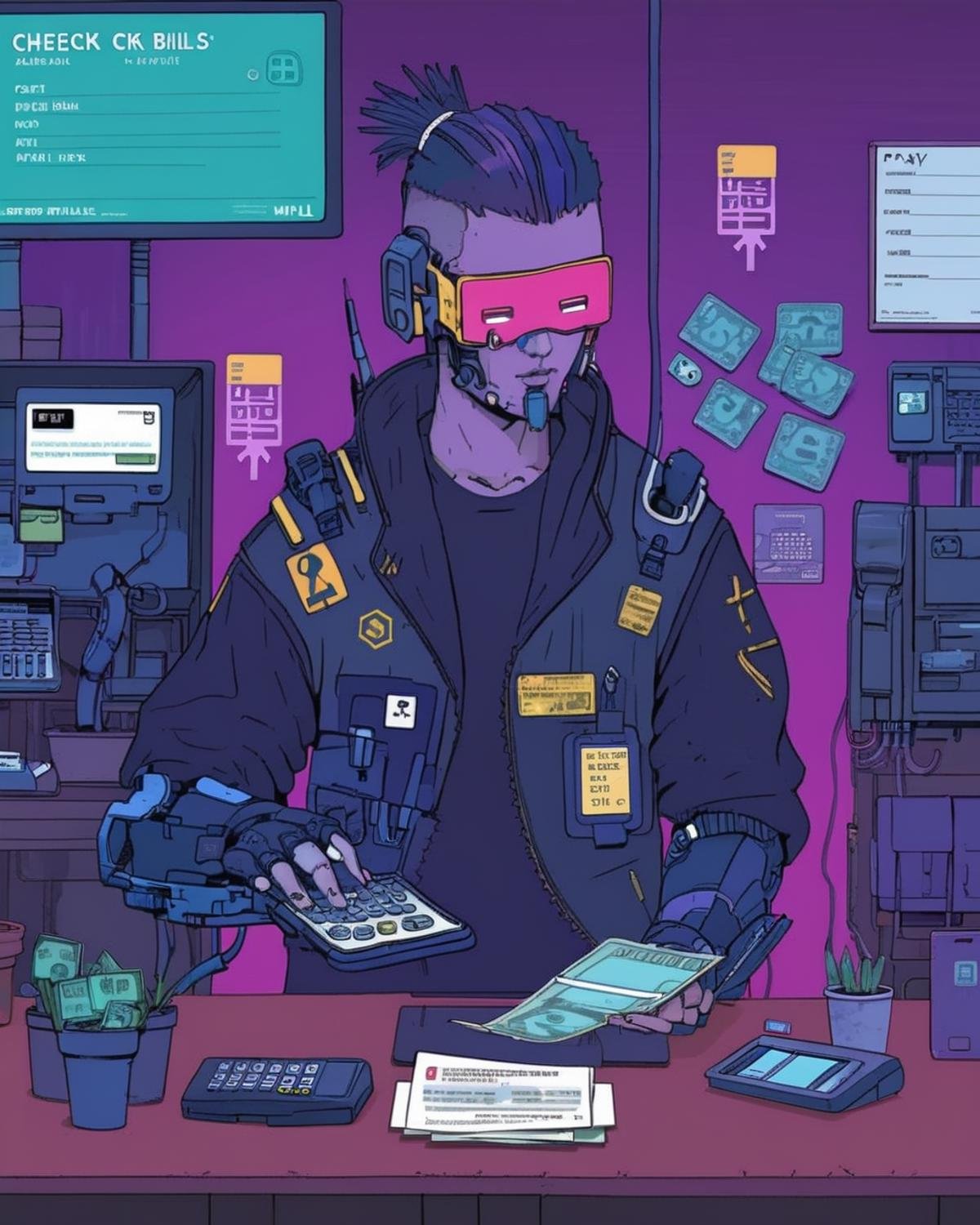 person Check and pay bills. , cyberpunk<lora:Cyberpunk _Anime_sdxl:1.0>