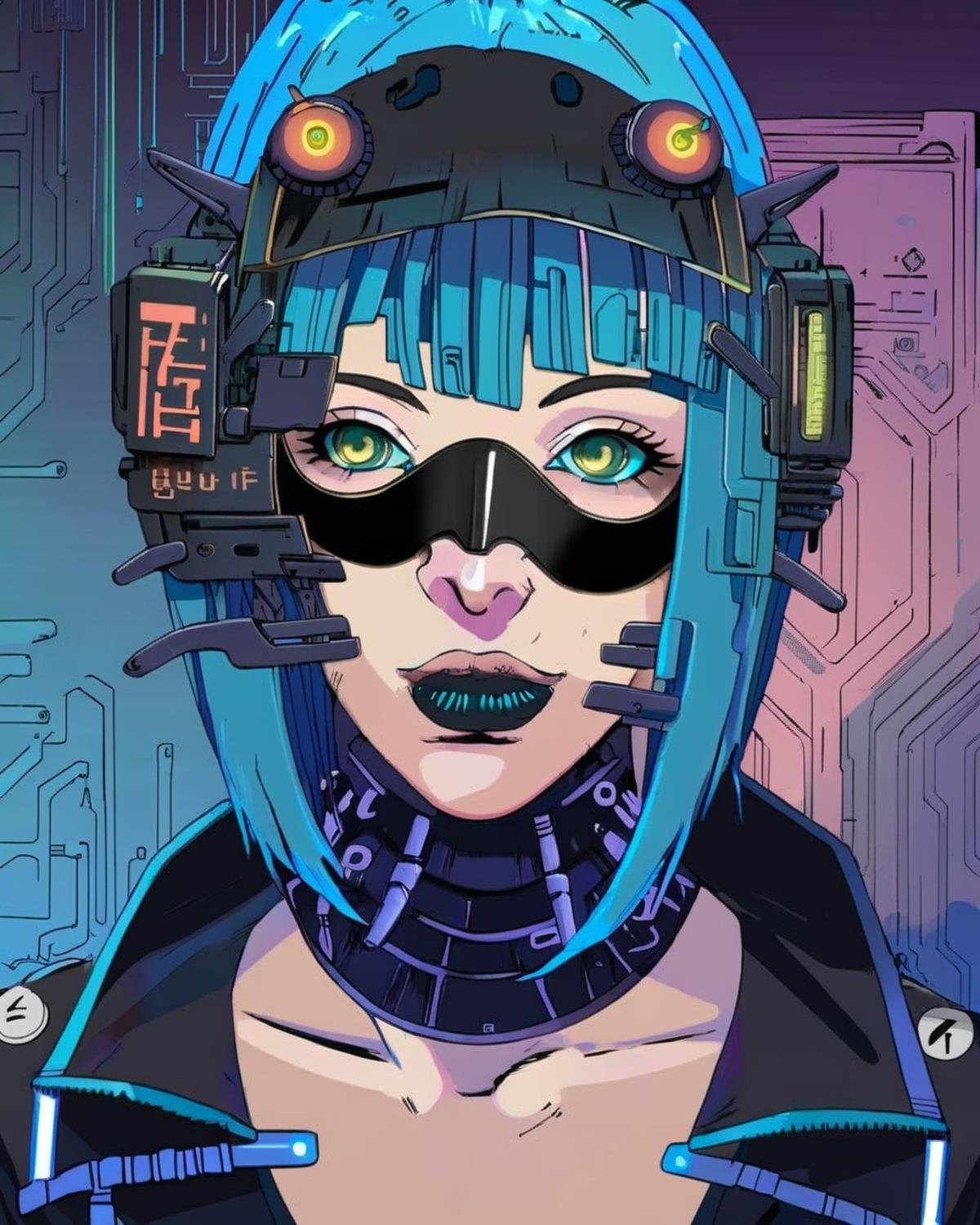 anime, a woman with a blue wig and a black mask ,  cyberpunk, cyberpunk art, retrofuturism<lora:Cyberpunk _Anime_sdxl:1.0>