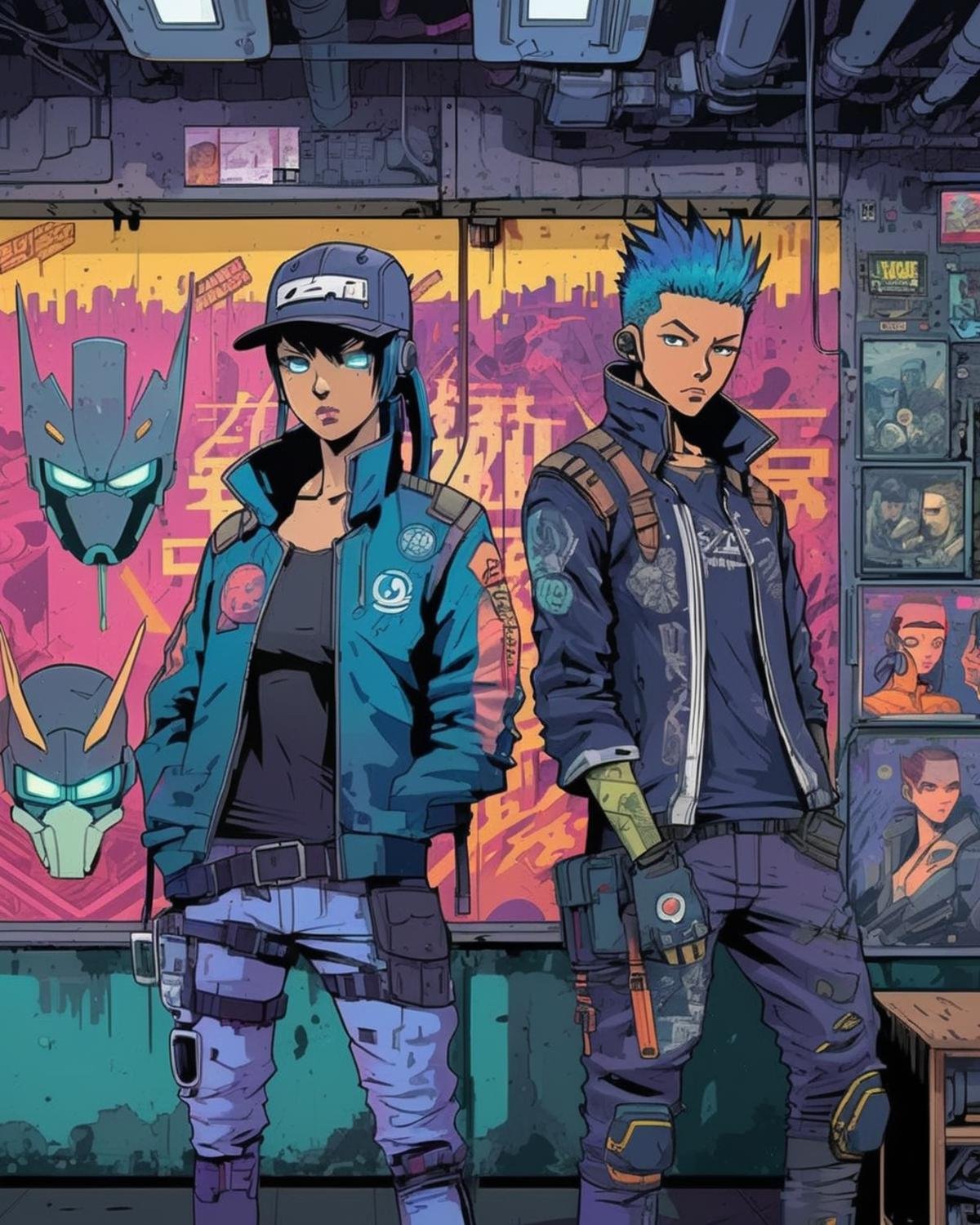 anime, Underground resistance HQ, a gritty comics-style mural adorning the hidden walls, depicting heroes of rebellion in bold strokes.,  cyberpunk, cyberpunk art, retrofuturism<lora:Cyberpunk _Anime_sdxl:1.0>