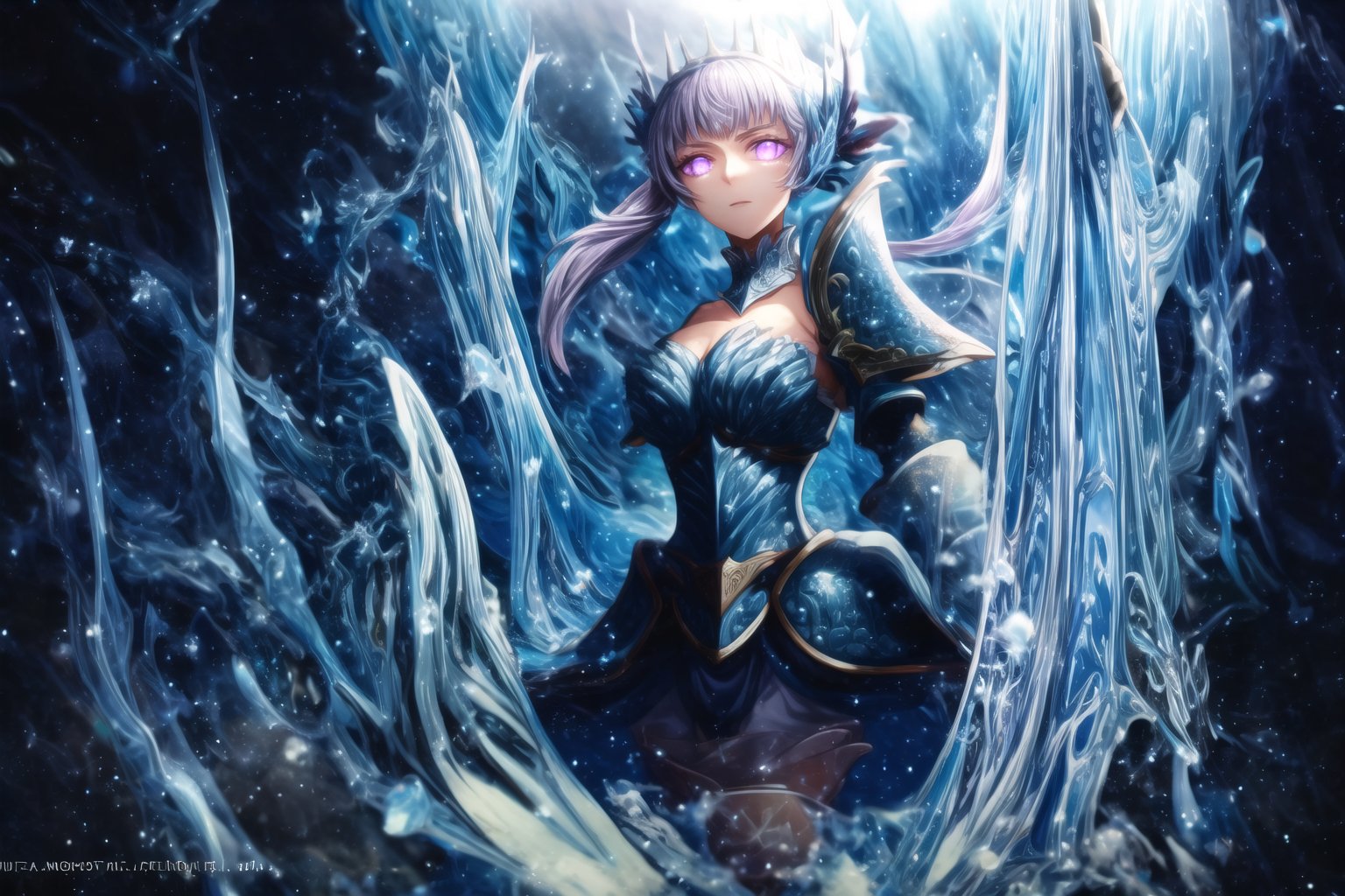 GFX wallpaper featuring Noelle Silva as a Valkyrie, with twintailed silver hair and shimmering water armor that appears both solid and liquid. The scene is illuminated by a radiant sword in her hand, casting light across the battlefield. Her wings, crafted from water, sparkle as if catching the light of a distant sun, and her purple eyes glow intensely. Water splashes around her armor, and energy beams shoot through the background. Her armored dress is detailed with intricate runes and silver accents, all glimmering as if imbued with magic. The background shows crashing waves, with water particles frozen mid-air, glowing in vibrant blue, violet, and white hues., glowing eyes