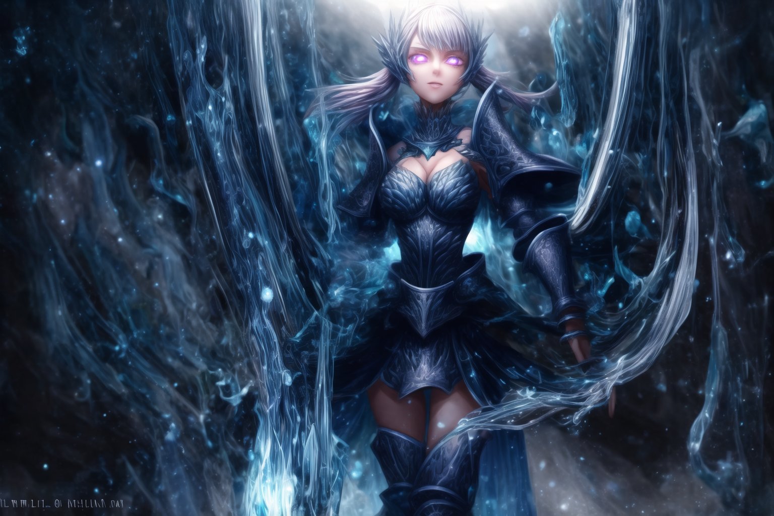 GFX wallpaper featuring Noelle Silva as a Valkyrie, with twintailed silver hair and shimmering water armor that appears both solid and liquid. The scene is illuminated by a radiant sword in her hand, casting light across the battlefield. Her wings, crafted from water, sparkle as if catching the light of a distant sun, and her purple eyes glow intensely. Water splashes around her armor, and energy beams shoot through the background. Her armored dress is detailed with intricate runes and silver accents, all glimmering as if imbued with magic. The background shows crashing waves, with water particles frozen mid-air, glowing in vibrant blue, violet, and white hues., glowing eyes