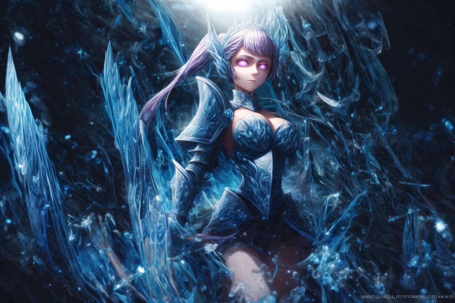 GFX wallpaper featuring Noelle Silva as a Valkyrie, with twintailed silver hair and shimmering water armor that appears both solid and liquid. The scene is illuminated by a radiant sword in her hand, casting light across the battlefield. Her wings, crafted from water, sparkle as if catching the light of a distant sun, and her purple eyes glow intensely. Water splashes around her armor, and energy beams shoot through the background. Her armored dress is detailed with intricate runes and silver accents, all glimmering as if imbued with magic. The background shows crashing waves, with water particles frozen mid-air, glowing in vibrant blue, violet, and white hues., glowing eyes