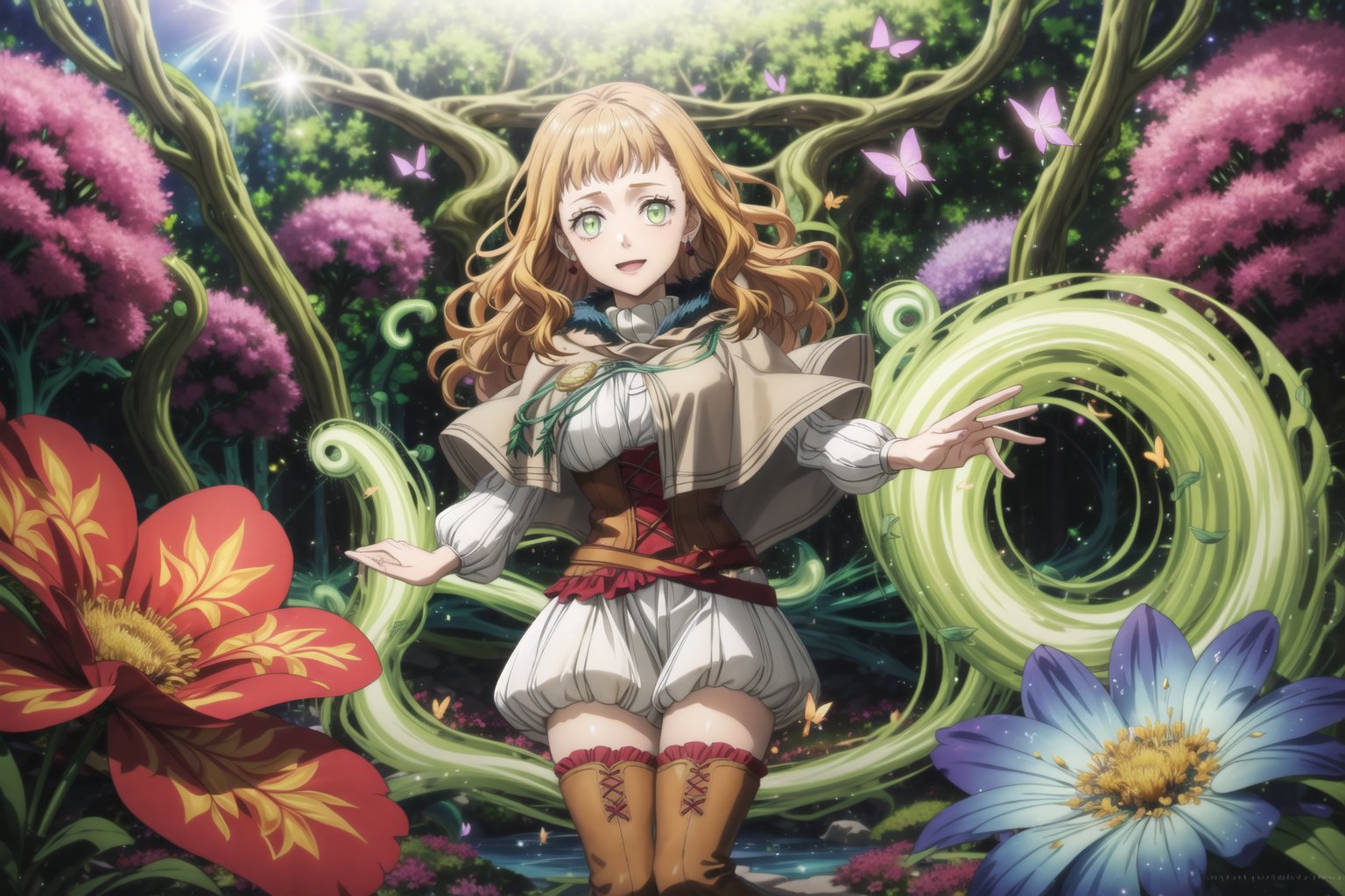 1girl, mimosa_vermillion, orange hair, long wavy hair, green eyes, red earrings, turtleneck sweater, corset, capelet, red cape, thighhighs, thigh boots, sitting on a stone, surrounded by blooming flowers, clear sky, plants growing under her touch, large colorful leaves and vines forming a throne, midday sun, bright natural lighting, smiling softly, magic energy radiating from her hands, petals floating in the air around her, butterflies gathering near her, peaceful nature atmosphere, GFX effects: vibrant floral aura, glowing petals, magic vines glowing softly, lens flare from the sun, energetic magical swirls, gentle wind stirring the flowers, bright and serene, powerful contrast between magic and nature
