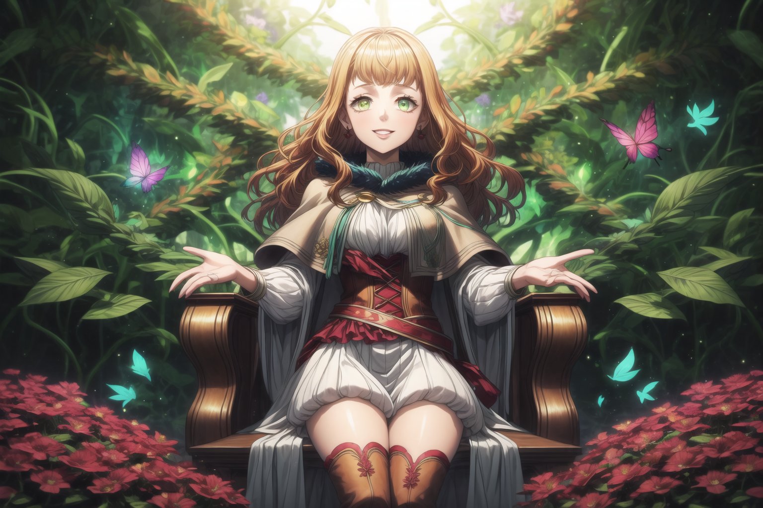 1girl, mimosa vermillion, orange hair, long wavy hair, green eyes, red earrings, lips, smile, beautiful face, turtleneck sweater, corset, capelet, red cape, thighhighs, thigh boots, sitting on a stone, surrounded by blooming flowers,  plants growing under her touch, large colorful leaves and vines forming a throne, midday sun, bright natural lighting, smiling softly, magic energy radiating from her hands,clear sky, plants growing under her touch, large colorful leaves and vines forming a throne, midday sun, bright natural lighting, smiling softly, magic energy radiating from her hands, petals floating in the air around her, butterflies gathering near her, peaceful nature atmosphere, GFX effects: vibrant floral aura, glowing petals, magic vines glowing softly, lens flare from the sun, energetic magical swirls, gentle wind stirring the flowers, bright and serene, powerful contrast between magic and nature
