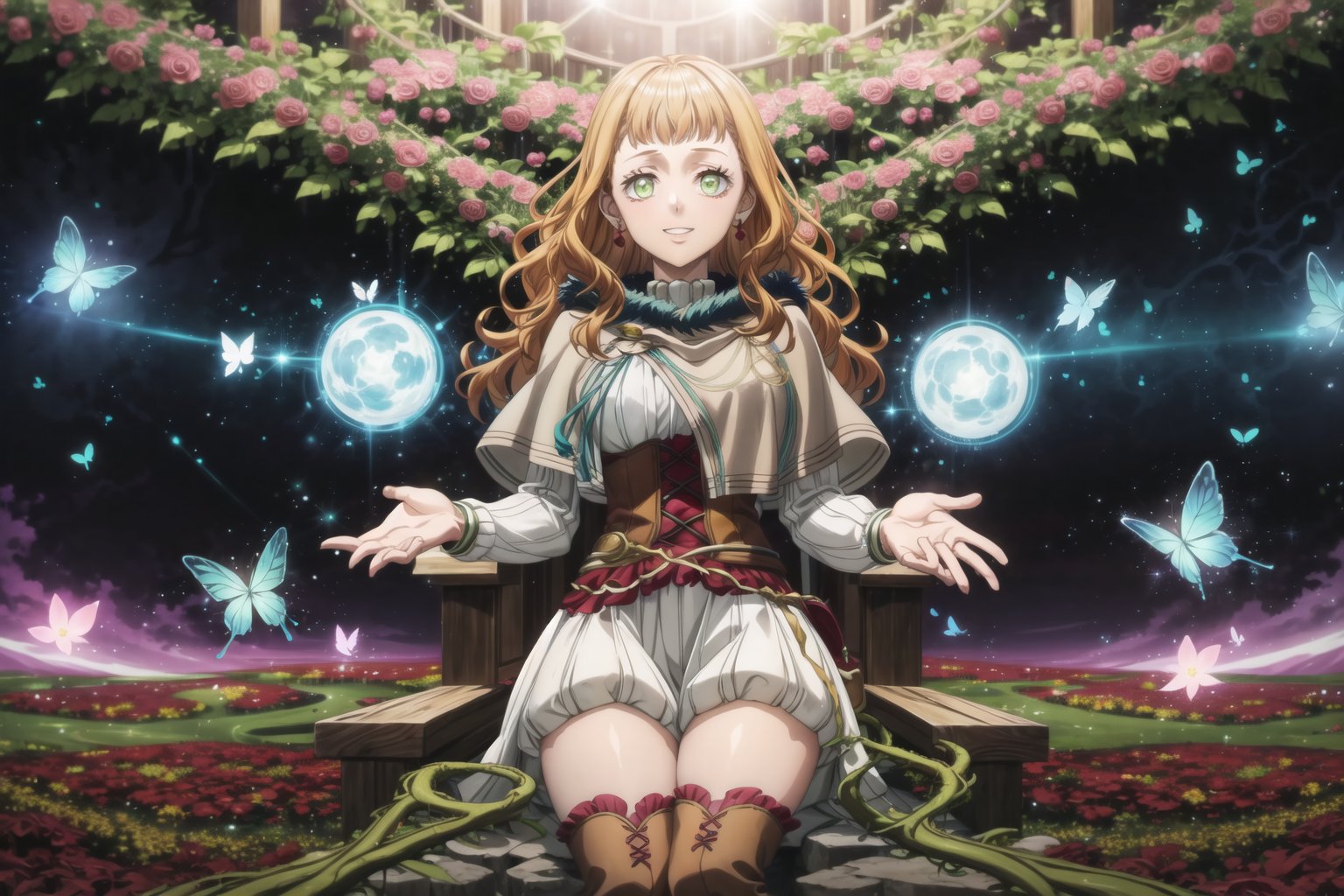 1girl, mimosa_vermillion, orange hair, long wavy hair, green eyes, red earrings, turtleneck sweater, corset, capelet, red cape, thighhighs, thigh boots, sitting on a stone, surrounded by blooming flowers, clear sky, plants growing under her touch, large colorful leaves and vines forming a throne, midday sun, bright natural lighting, smiling softly, magic energy radiating from her hands, petals floating in the air around her, butterflies gathering near her, peaceful nature atmosphere, GFX effects: vibrant floral aura, glowing petals, magic vines glowing softly, lens flare from the sun, energetic magical swirls, gentle wind stirring the flowers, bright and serene, powerful contrast between magic and nature
