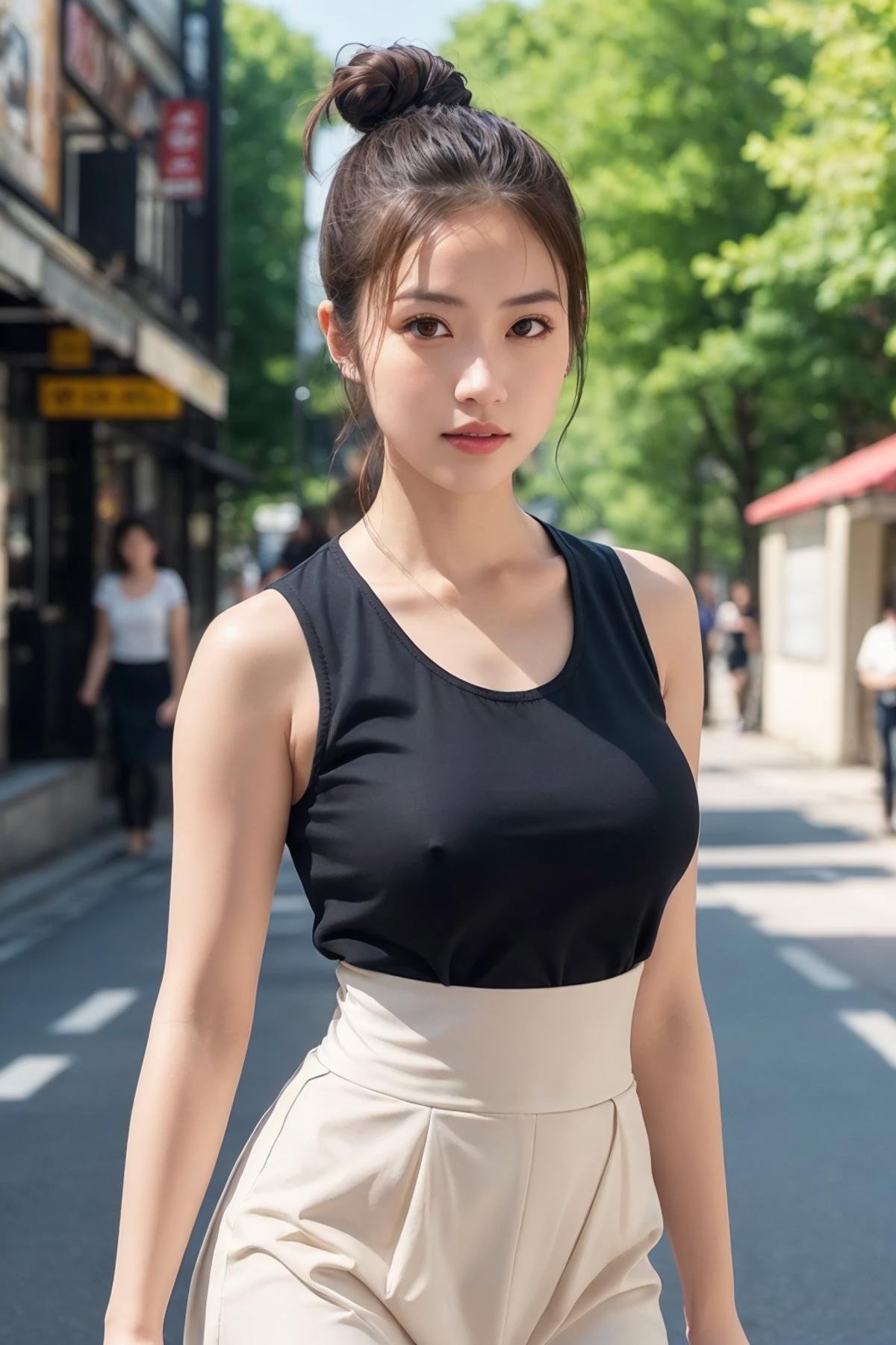 [36]<(photorealistic:1.4), (extremely intricate:1.2)>, <(exquisitely detailed skin), cinematic light, ultra high res, 8k uhd, intricate details, Movie Light, film grain, dreamlike, perfect anatomy, best shadow, delicate, RAW>, ((1girl, solo)), Japanese girl, ((medium breasts:1.0)), skirt, looking at viewer, realistic, outdoors, hair bun, tree, blurry background, photo background, nature, shirt, blurry, lips, black skirt, sleeveless, forest, white shirt, high-waist skirt, brown eyes, rock, sleeveless shirt , <lora:BasicFeature05:0.15:lbw=OUT03,OUT04,OUT05>,<lora:KoreanFace23:0.15:lbw=OUT03,OUT04,OUT05>,<lora:MikiV1:0.5:lbw=OUT03,OUT04,OUT05>,