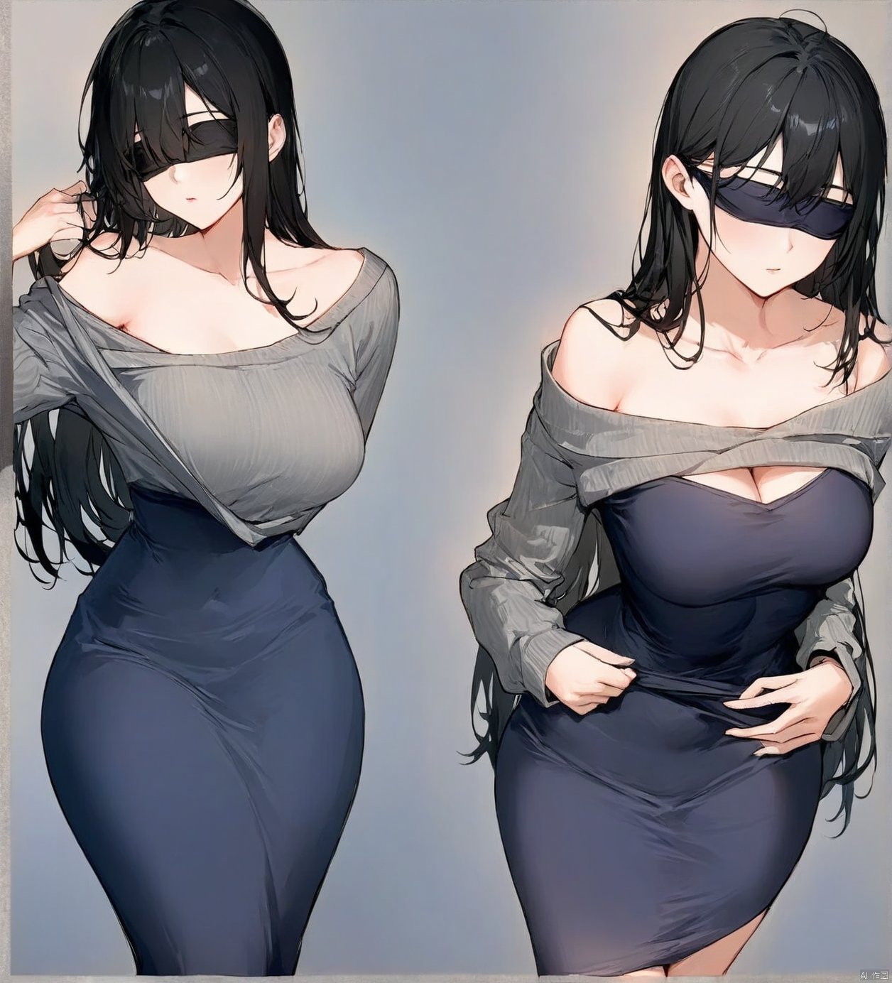 solo,highly detailed,(best quality),((masterpiece)),rata,1girl,yanzhao,  blindfold,tbqun01,dress,skirt, off shoulder,collarbone,sweater, simple background, long sleeves, striped, bare shoulders,