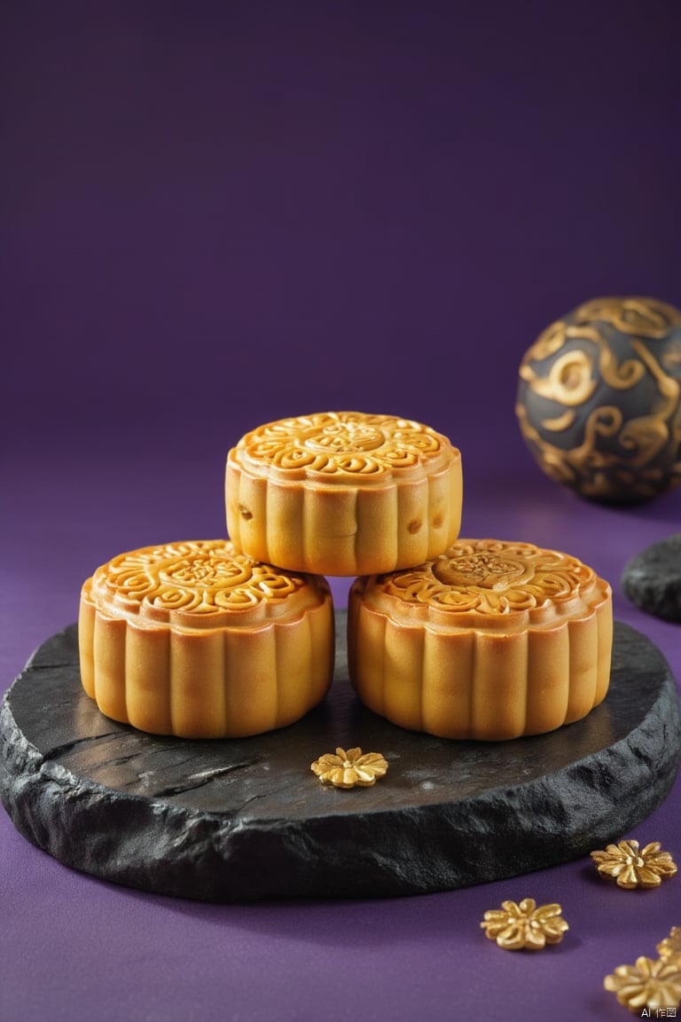 Product photography, mooncakes, purple background, high-end feel, gold mooncakes, mooncakes made of gold ,black rock,Mooncakes placed on rocks,zq-hd