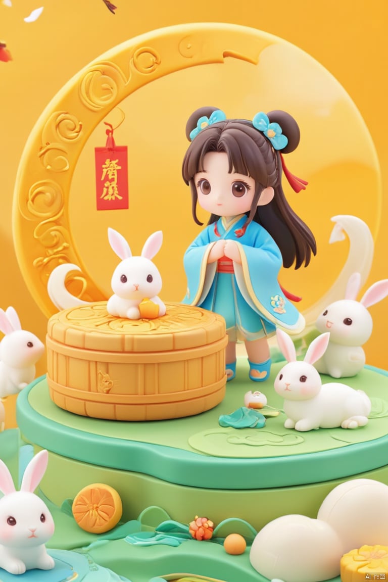 A whimsical scene unfolds as a medium-sized figurine of an Asian girl, adorned in a blue kimono and red belt, stands on a three-story green cake. Her dark brown hair is styled in a ponytail, topped with a blue headband featuring blue flowers. She wears a light blue dress with a matching blue ribbon around her neck and blue boots that match the hue of her feet. Three white rabbits, one pink, sit atop round wooden and yellow baskets, surrounded by a vibrant yellow circle with wavy designs. A red sign hangs from the top left corner of the frame, against a bright yellow background with white clouds visible in the bottom right corner.