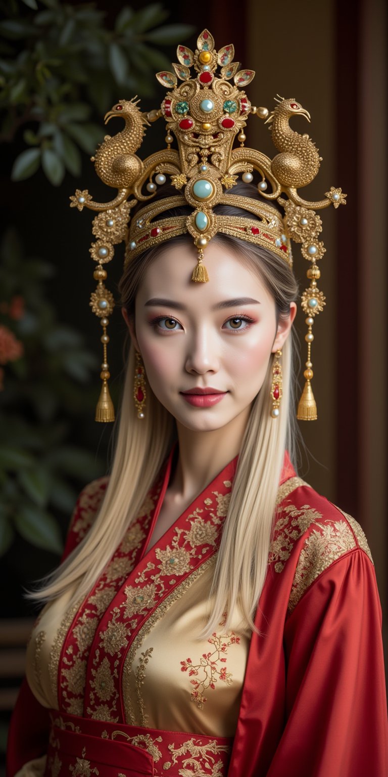 A stunning (Asian woman), wearing an opulent ancient Chinese empress costume,Her Slavic features, -blue eyes and fair skin, contrast beautifully with the ornate Chinese attire, Elaborate headdress adorned with gold filigree, jade beads, and hanging pearls, Intricate phoenix crown with delicate golden leaves and gemstones,Layered silk robes in rich red and gold, embroidered with dragons and auspicious symbols, Wide, flowing sleeves with detailed embroidery, Ornate collar piece studded with precious stones,Long blonde hair partially visible beneath the headdress,Beautiful woman,Photorealistic, cinematic 