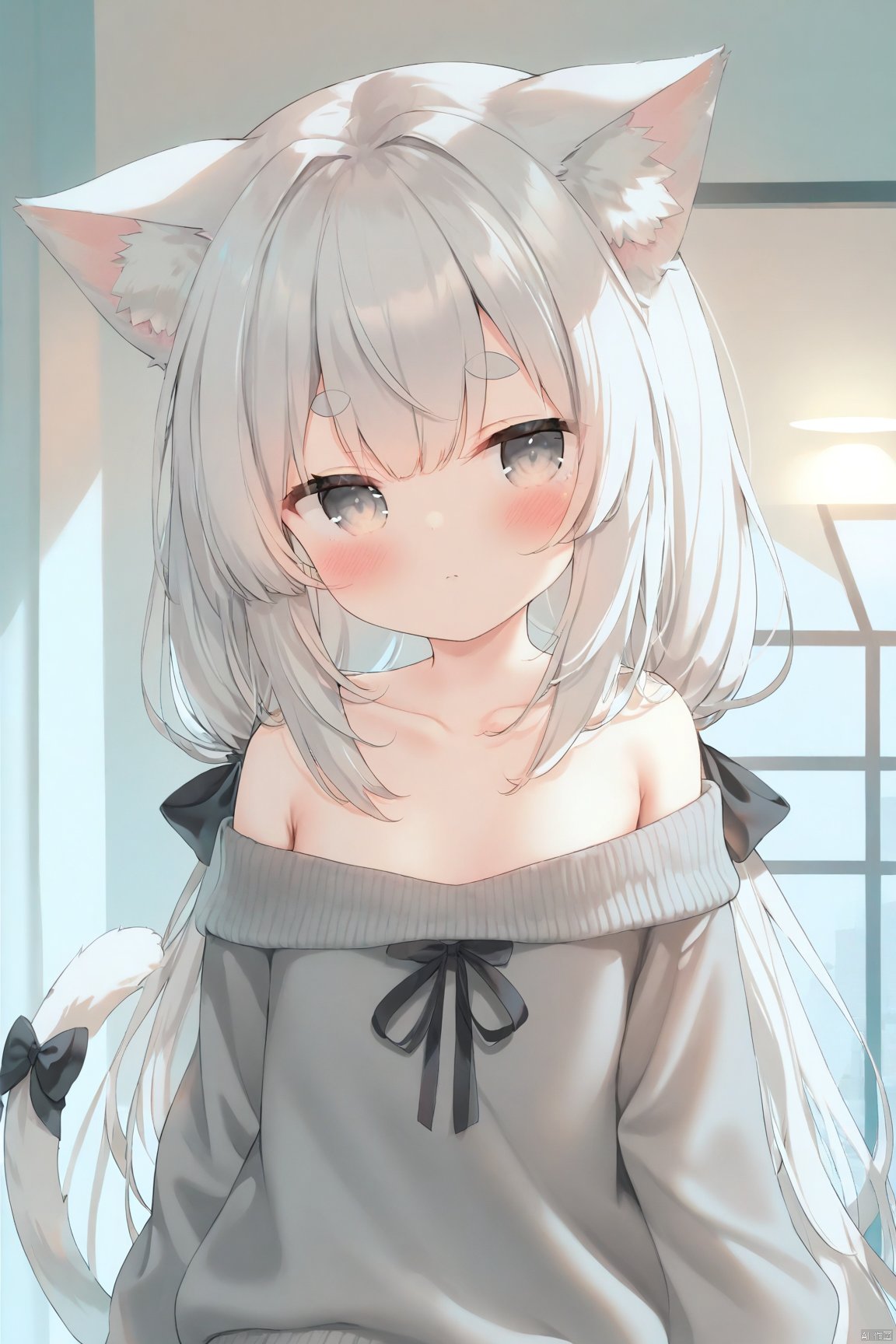 masterpiece,best quality,high quality,(colorful),loli,head tilt,backlighting,glowing,float light,1girl, solo, long hair, looking at viewer, blush, bangs, white eyes,  long sleeves,bow, animal ears, bare shoulders, very long hair, closed mouth, collarbone, tail,  white hair, hair bow, grey hair, off shoulder, sweater,  animal ear fluff, sleeves past wrists, cat ears, black bow, cat tail, cat girl, grey shirt, low ponytail, puffy long sleeves, short eyebrows,  grey sweater,indoor