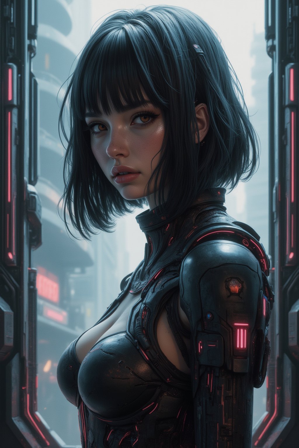 masterpiece, best quality, Realistic, Realistic style, FuturEvoLabScene, 1girl, solo, looking at viewer, bob cut, bodysuit, upper body, 