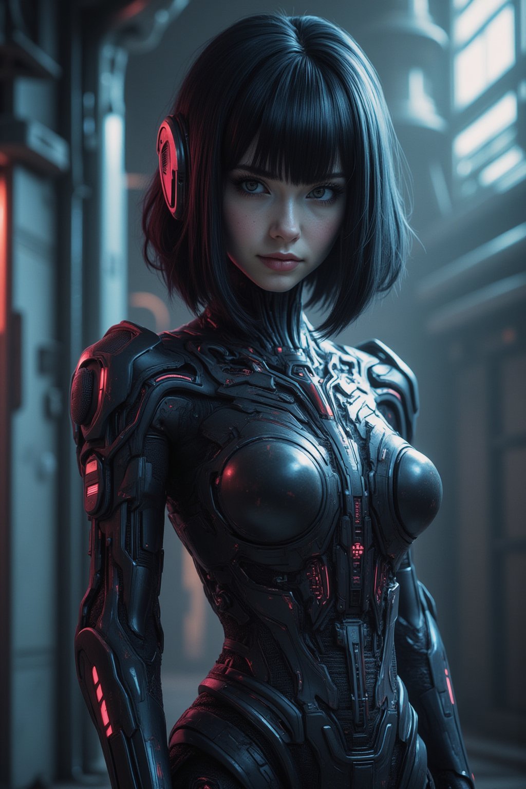 masterpiece, best quality, Realistic, Realistic style, FuturEvoLabScene, 1girl, solo, looking at viewer, bob cut, bodysuit, upper body, 