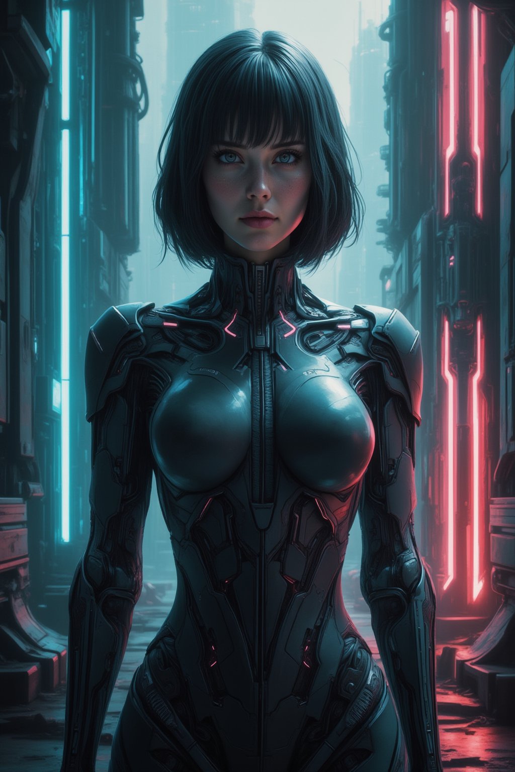 masterpiece, best quality, Realistic, Realistic style, FuturEvoLabScene, 1girl, solo, looking at viewer, bob cut, bodysuit, upper body, 