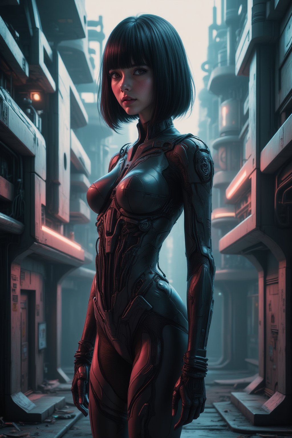 masterpiece, best quality, Realistic, Realistic style, FuturEvoLabScene, 1girl, solo, looking at viewer, bob cut, bodysuit, upper body, 