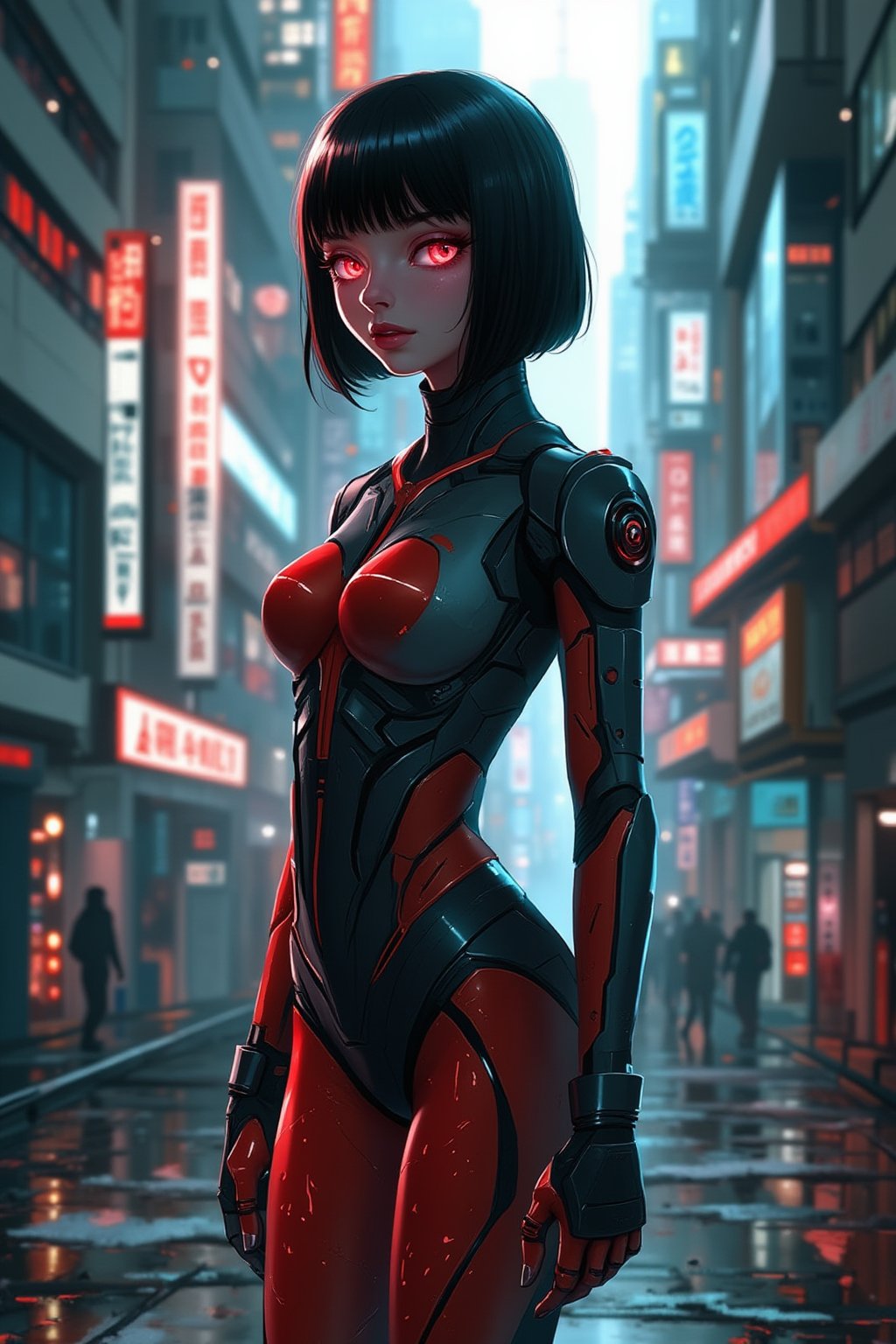 masterpiece, best quality, Realistic, Realistic style, FuturEvoLabScene, 1girl, solo, looking at viewer, bob cut, bodysuit, upper body,