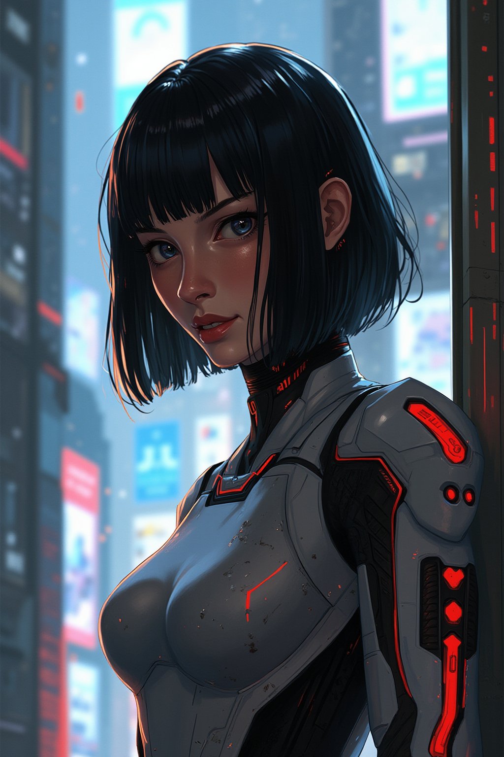 masterpiece, best quality, Realistic, Realistic style, FuturEvoLabScene, 1girl, solo, looking at viewer, bob cut, bodysuit, upper body,