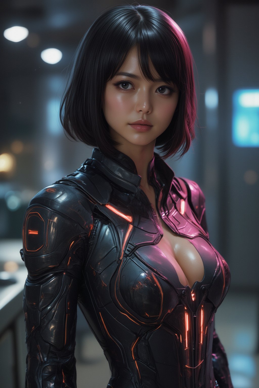 masterpiece, best quality, Realistic, Realistic style, FuturEvoLabScene, 1girl, solo, looking at viewer, bob cut, bodysuit, upper body,