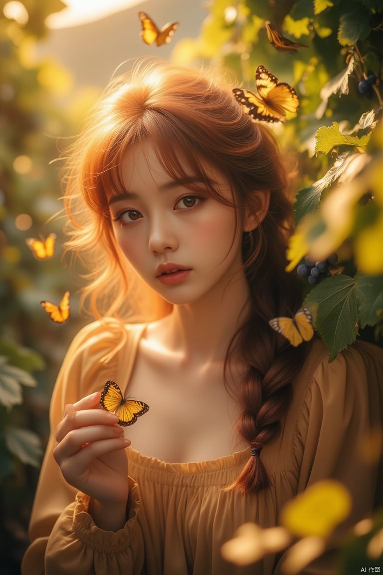 an asian girl,(Soft light:1.4),(rim light:1.2),exposedshoulders,lookingattheviewer,with grapes in hand,red hair,depthinfield,fluffy hair,freckles,blush,yellow butterfly,many butterflies,light makeup,grape rack,indoor,(mist:1.2),(serene expression:1.1),morningsunshine,high quality,(halo:1.2),(lightpenetratesthroughhairstrands:1.2),(hazy:1.2),(light spot:1.1),sun,available light,film grain,(fuzzy:1.2),sitting posture,close-up,blurry,dream of light,(masterpiece,best quality,ultra_detailed,FULL HD,absurdres:1.2),dreamlike,ultra-realistic mix fantasy world,mixes realistic and fantastical elements,magic effect,lofi style,close up,(close_mouth:1.2),