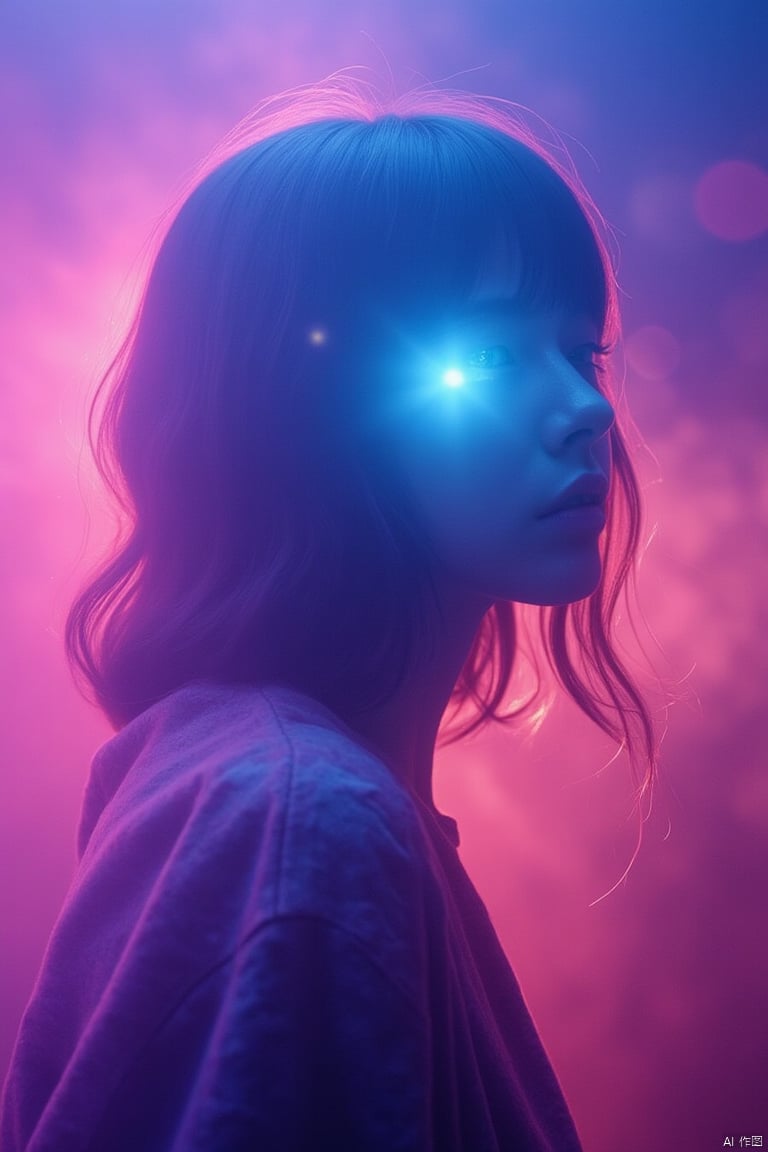 1girl,Leica color,(by artist Aliza Razell:1.5),Absolute field,full body,misty,Light pollution,pink light,blue light,