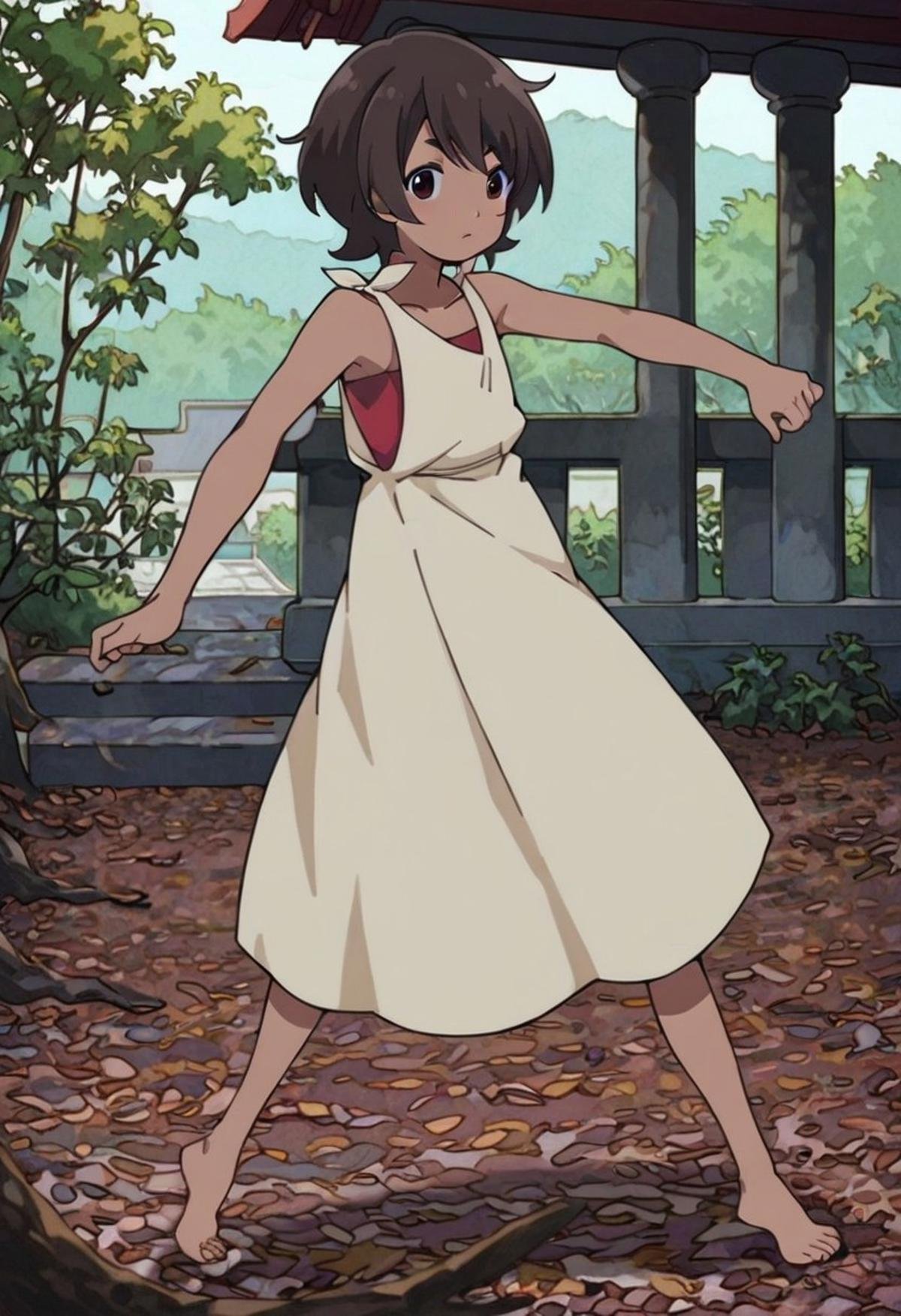 score_9, score_8_up, score_7_up,  hd, (ultra hd quality details), source_anime, white dress, sleeveless, sleeveless dress, flat chest, red undershirt, bare arms, knots, brown hair, short hair, dark skin, brown eyes, barefoot, 1girl, solo, cowboy shot, dynamic pose, outdoors, japanese temple, summer, plants, rating_safe, looking at viewer,