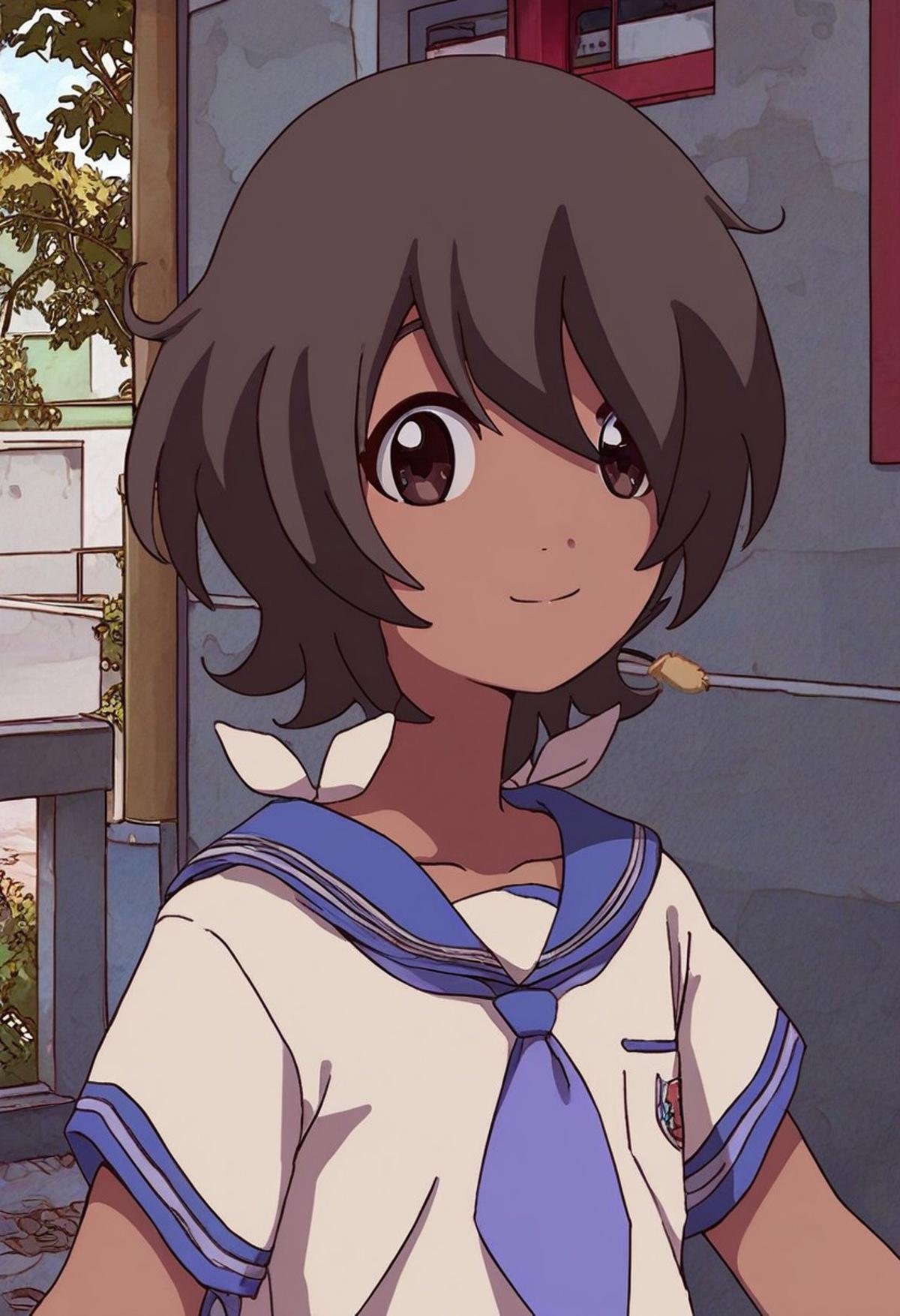 score_9, score_8_up, score_7_up, source_anime, 1 girl, seiran_kinchou, flat chest,  brown hair, short hair, dark skin, brown eyes, cute, high quality, absurdres, in focus, looking at viewer, official artwork, complex background, street corner, anime artwork, upper body shot, school uniform, running