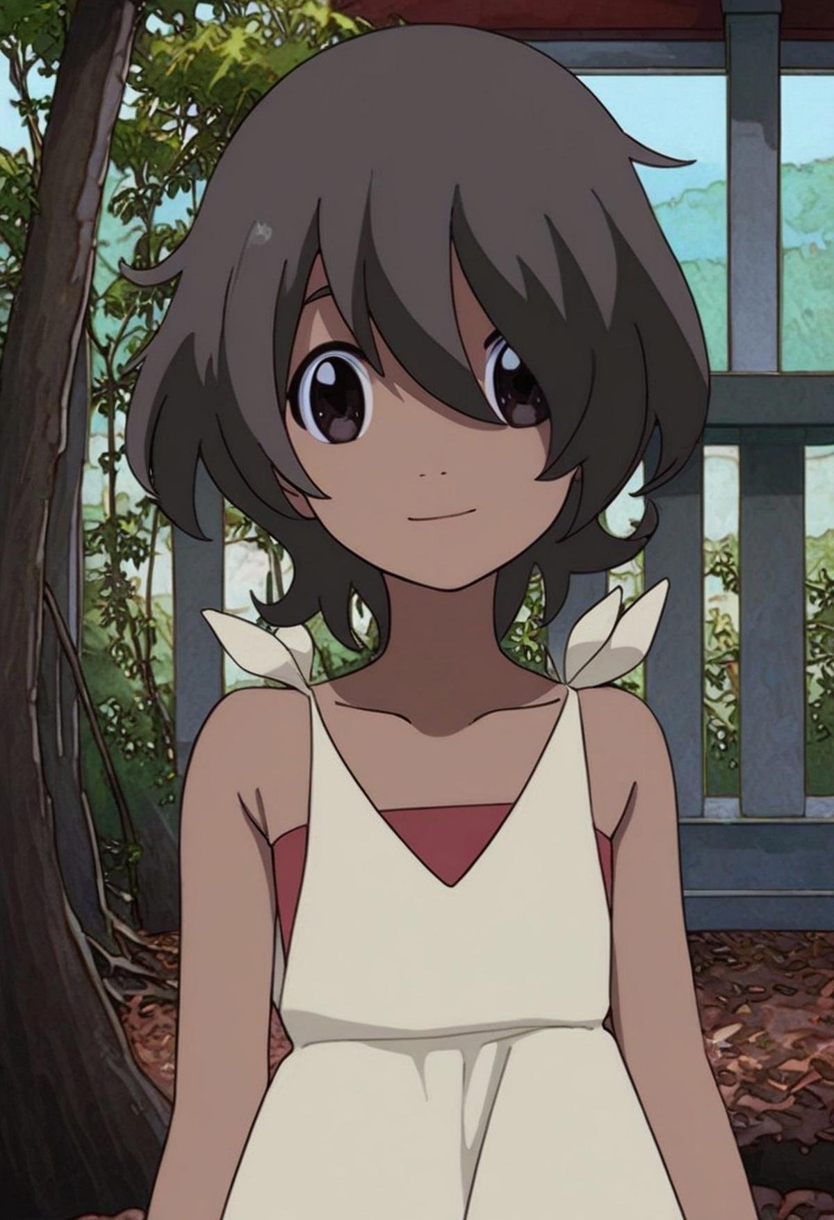 score_9, score_8_up, score_7_up, source_anime, 1 girl, seiran_kinchou, white dress, sleeveless, sleeveless dress, flat chest, red tube top under dress, bare arms, knots, brown hair, short hair, dark skin, brown eyes, cute, outside, high quality, absurdres, in focus, looking at viewer, official artwork, complex background, anime artwork, upper body shot