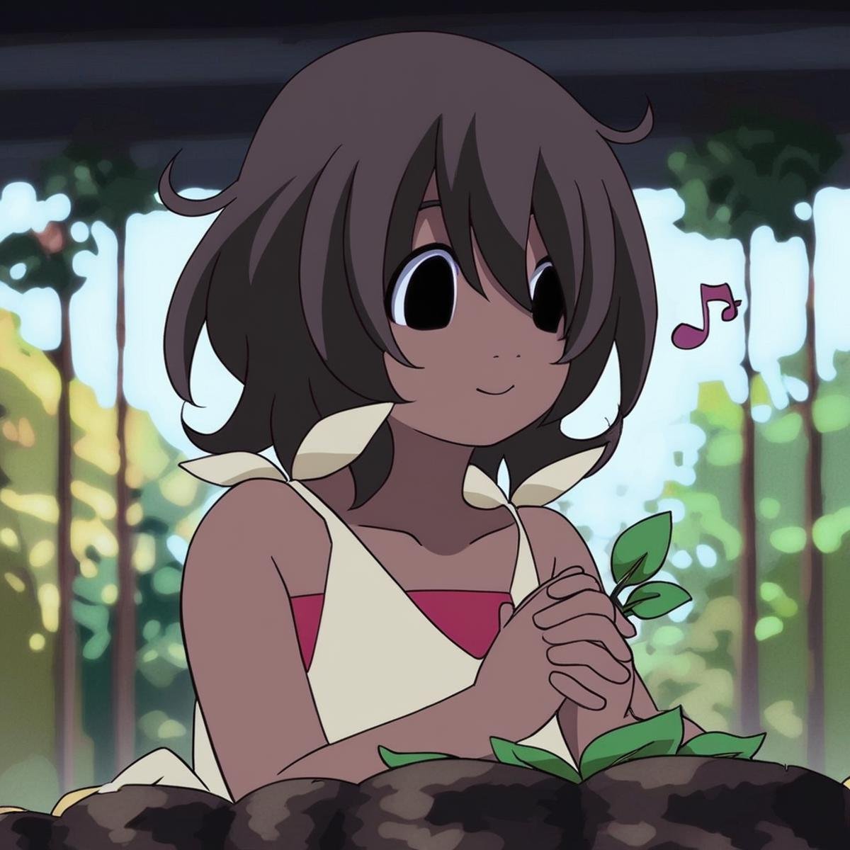 seiran_kinchou, plant, brown hair, dark skin, black eyes, white dress, musical note, upper body, 1girl, own hands together