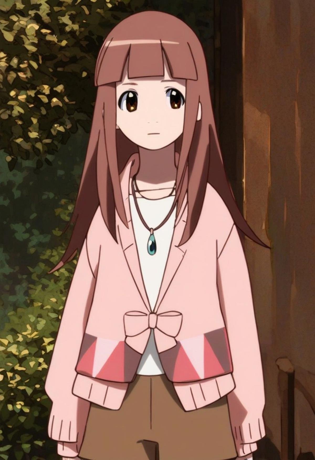 score_9, score_8_up, score_7_up, source_anime, Ebisugawa_Kaisei, brown hair, brown eyes, long hair, blunt bangs, pink cardigan, woolen cardigan, long sleeves, white t-shirt, jewelry, necklace, brown shorts, black thighighs, zettai ryouiki, 1girl, solo, cowboy_shot, facing_viewer, outdoors, rating_safe