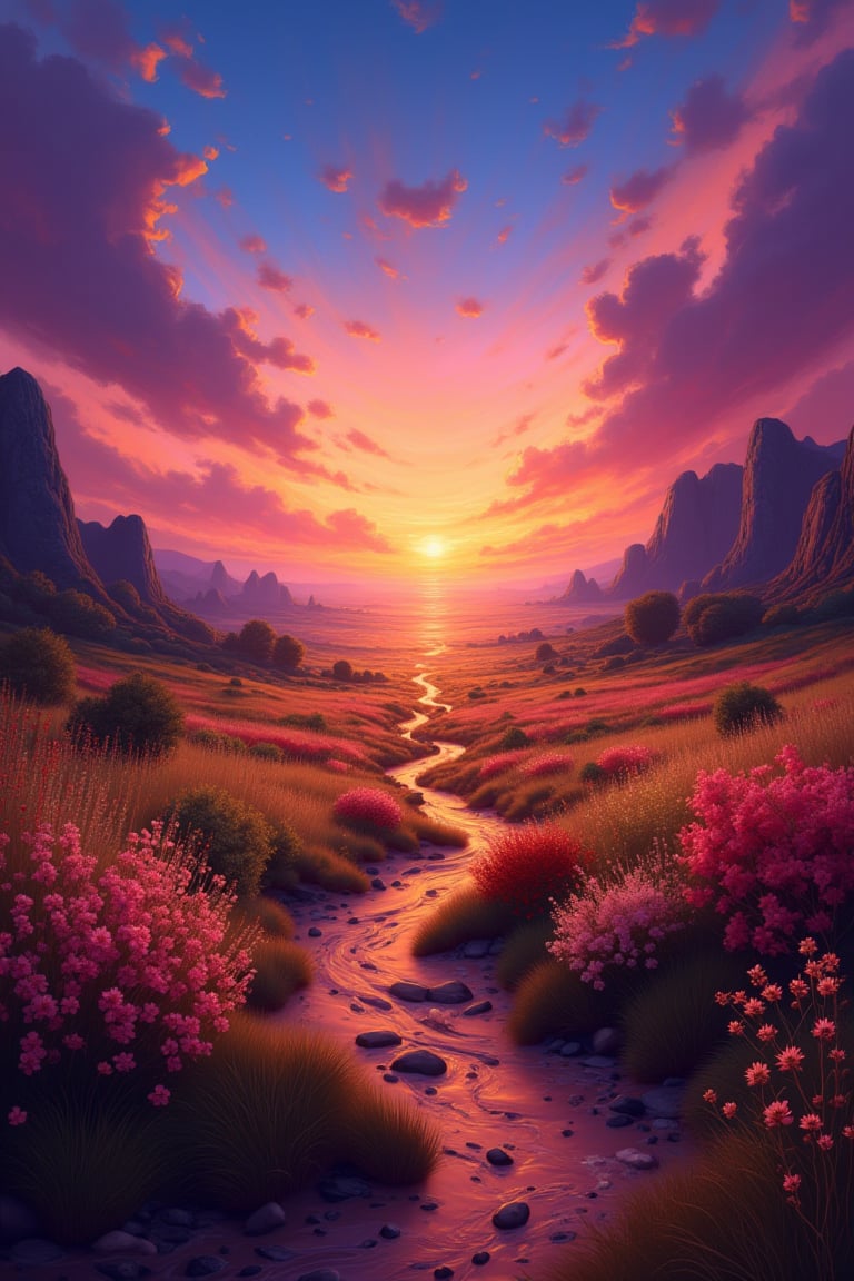 masterpiece, best quality, aethetic, vibrant sunsets, blooming wildflowers,,noc-fantasy