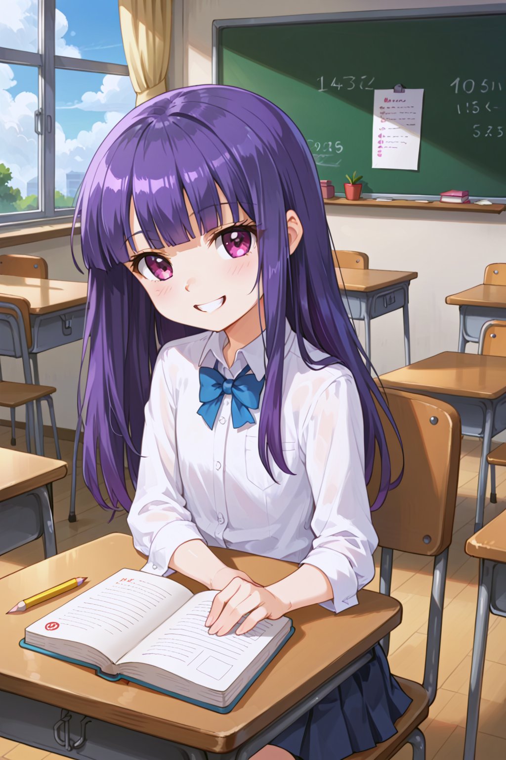 score_9, score_8_up, score_7_up, score_6_up, score_5_up, score_4_up,
1girl,  furuderika_pony, purple hair, flat_chest, shiny skin
,
1girl, classroom, desk, sitting on chair, notebook, mechanical pencil, eraser, smile
,//LoRA
anime_screencap, beautiful_female_fingers, (correct number of fingers, 4_fingers+1_thumb), (perfect hands), perfect anatomy, furuderika_pony