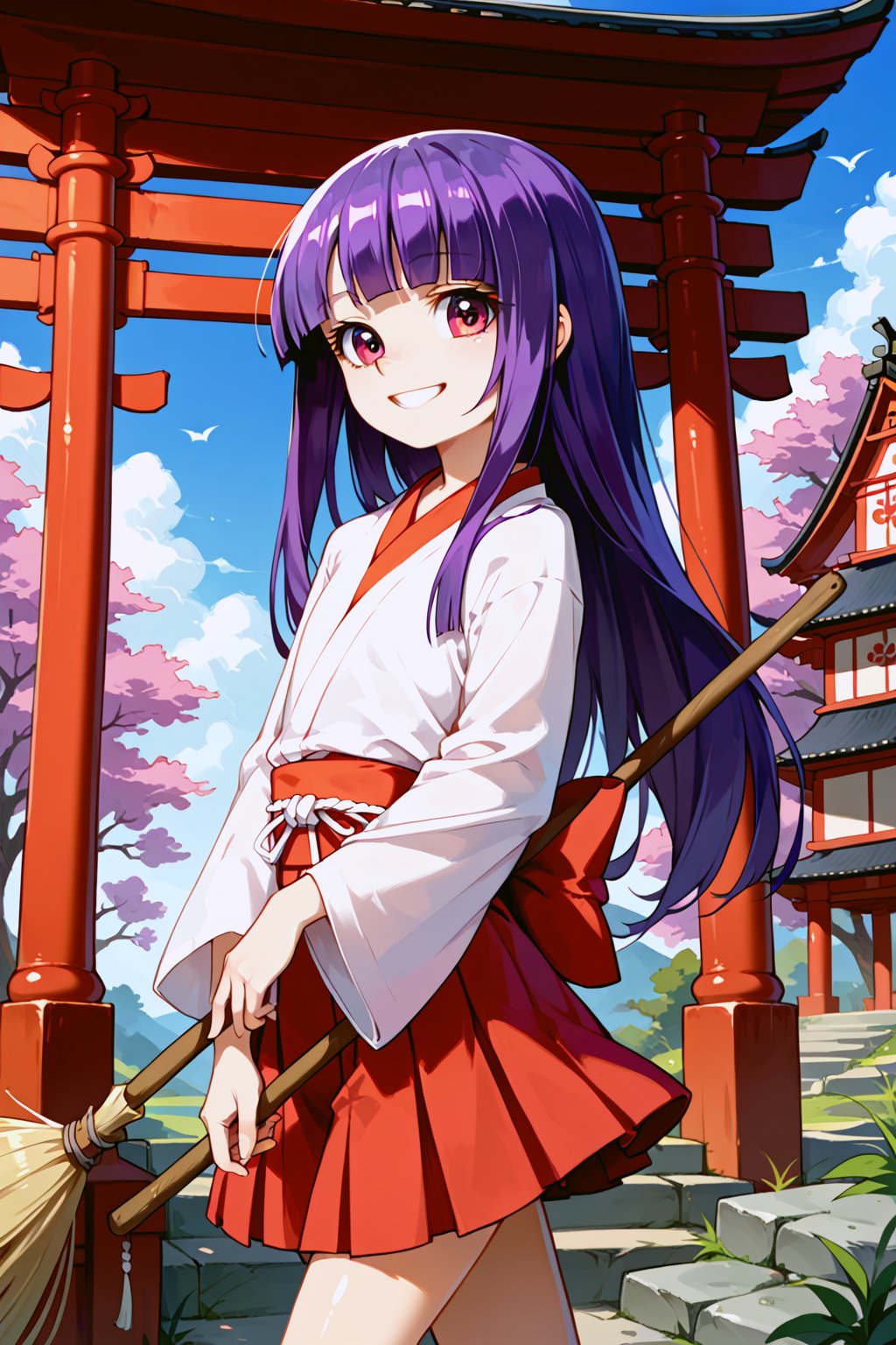 score_9, score_8_up, score_7_up, score_6_up, score_5_up, score_4_up,
1girl,  furuderika_pony, purple hair, flat_chest, shiny skin,
,
miko, shrine, smile, standing, datch angle, cowboy shot, sweeping with a broom,