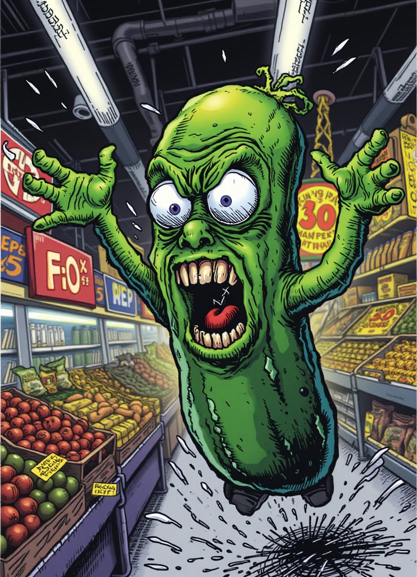 comic illustration,A close-up shot of a cucumber's frantic face, its usually muted green skin now flushed with panic as it bursts forth from the supermarket aisle. The fluorescent lighting overhead casts an eerie glow on the produce stand, while the store's logo and signage blur into a chaotic background. The cucumber's arms flail wildly, its leaves trembling with urgency as it flees the scene