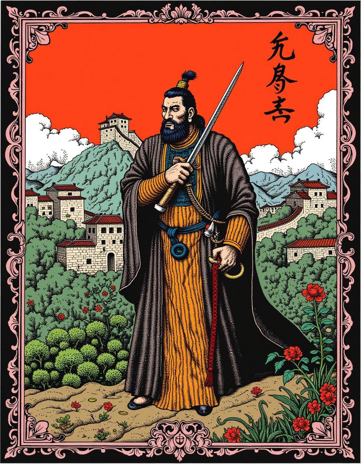 Game art, Feudal lord Shu Qi, Great Wall of China in background, grand, r.crumb style <lora:R.Crumb_Flux_Comix:1>, sublime, luxury, striking, badge, magical atmosphere, elaborate, set logical ambient background, epic atmosphere, glossy, magnificent