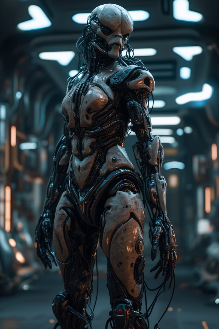 Cyborg style ,A hyper-realistic image of an extraterrestrial creature standing in the control room of an alien spacecraft,
its left side entirely replaced by advanced, otherworldly cybernetics. The organic skin on the right side should feature unique textures and colors, while the mechanical limbs display intricate designs and glowing lights that reflect off the sleek metallic surfaces