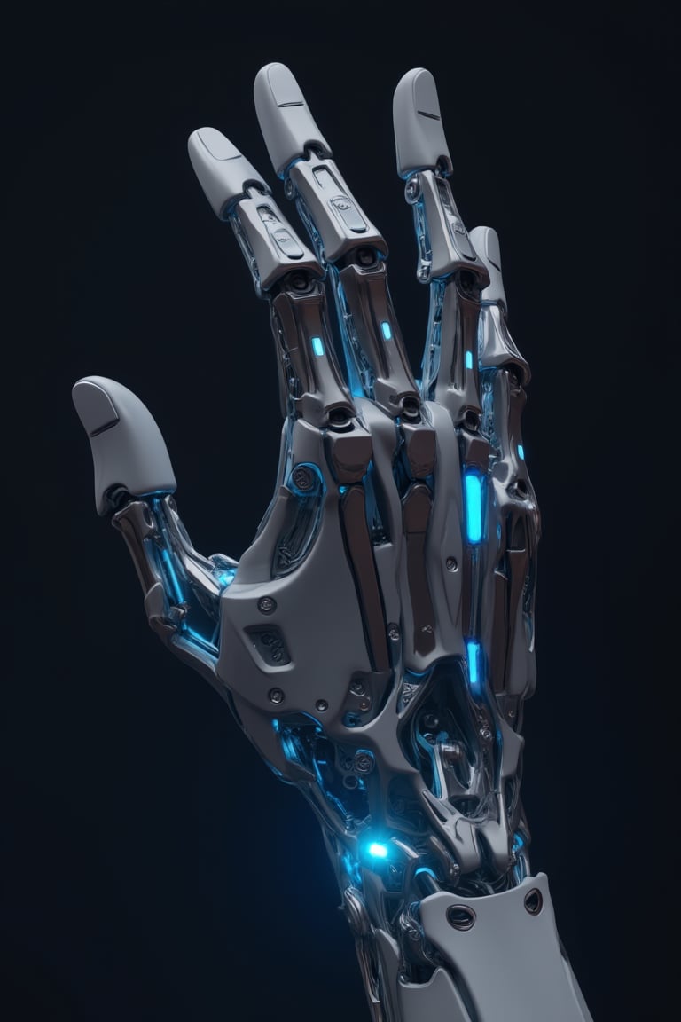 Cyborg style ,A close-up of a human hand transitioning into a sleek, metallic cybernetic arm, with glowing blue lights along the joints