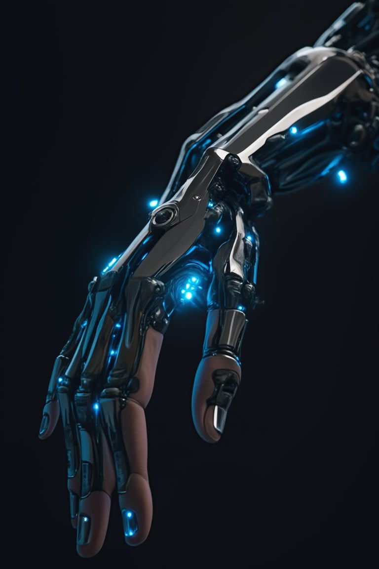 Cyborg style ,A close-up of a human hand transitioning into a sleek, metallic cybernetic arm, with glowing blue lights along the joints