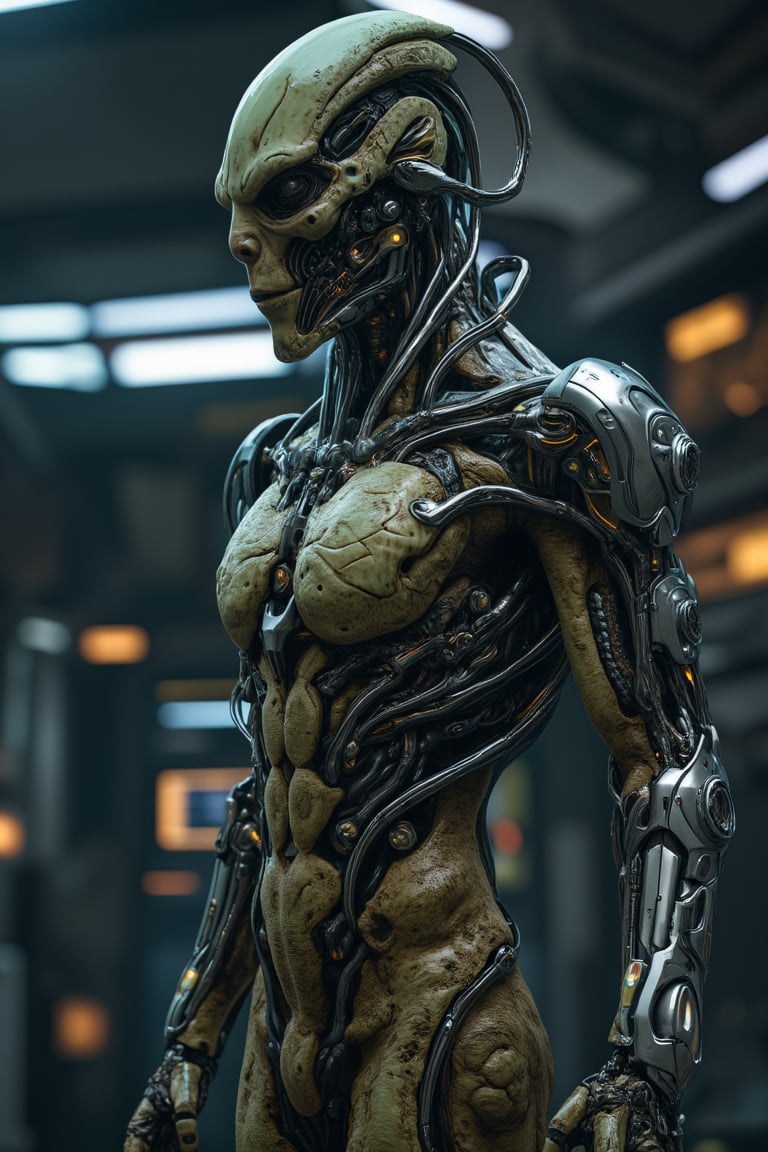 Cyborg style ,A hyper-realistic image of an extraterrestrial creature standing in the control room of an alien spacecraft,
its left side entirely replaced by advanced, otherworldly cybernetics. The organic skin on the right side should feature unique textures and colors, while the mechanical limbs display intricate designs and glowing lights that reflect off the sleek metallic surfaces