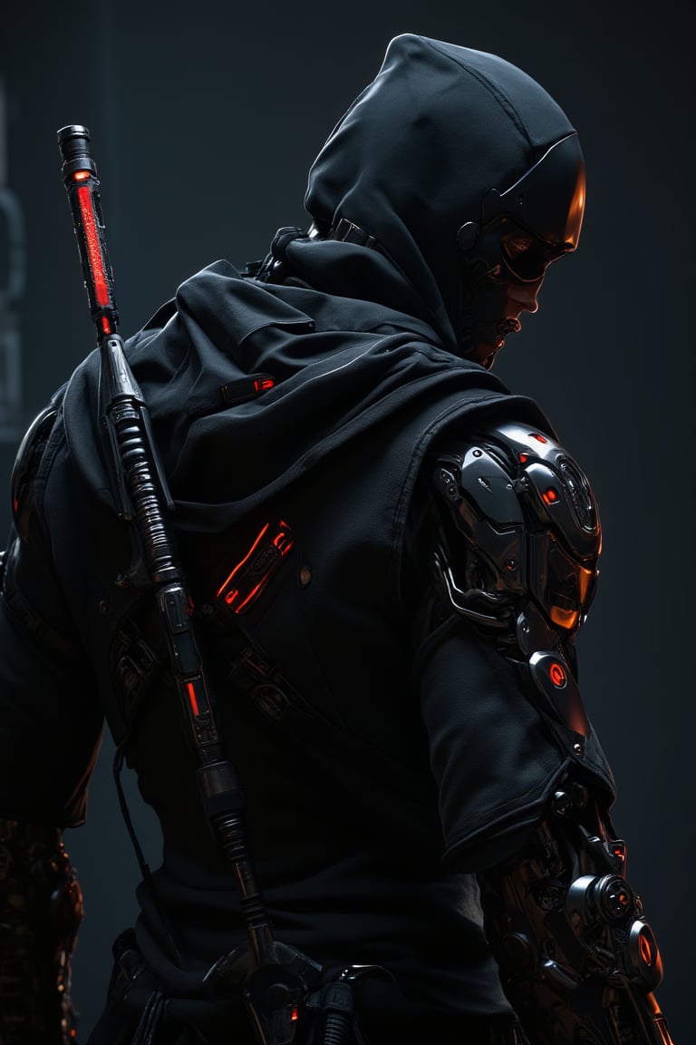 Cyborg style ,"A hyper-realistic, dynamic image of a shadowy cyborg ninja drawn back ready to strike with glowing blades
extending from their mechanical fingertips. The ninja wears traditional attire, but their left arm is entirely
replaced by advanced cybernetics featuring visible joints, pistons, and glowing LED lights that cast eerie shadows
on the dark surroundings.