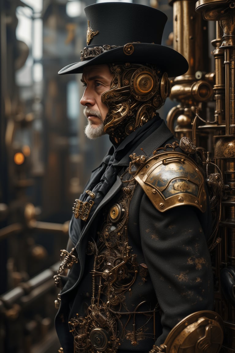 Cyborg style ,An 8K resolution portrait of a Victorian-era gentleman dressed in a waistcoat and top hat standing amidst industrial machinery. His left side features intricate, bronze steampunk mechanisms with visible gears, pistons,and clockwork movements. Include fine details like dust particles settling on the metallic surfaces and steam rising from the mechanical components