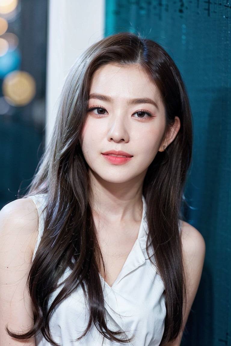 23 Years Old , korean idol, Exotic Face , Detailed Body , Detailed Face , Perfect Makeup , Best Quality , Female , Look at Viewer , White Tshirt , Gorgeous , ((Long Hair)) , The Modern Futuristic Living Room Background , ((Centre:1.1)) , Sleeveless , Broken Heart Face Expression , Perfect Lighting , ((Perfect Potrait)) , (Bokeh), smile