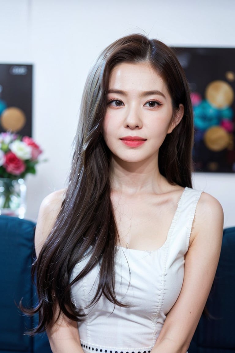 28 Years Old , Exotic Face , Detailed Body , Detailed Face , Perfect Makeup , Best Quality , Female , Look at Viewer , White Tshirt , Gorgeous , ((Long Hair)) , The Modern Futuristic Living Room Background , ((Centre:1.1)) , Sleeveless , Broken Heart Face Expression , Perfect Lighting , ((Perfect Potrait)) , (Bokeh), smile