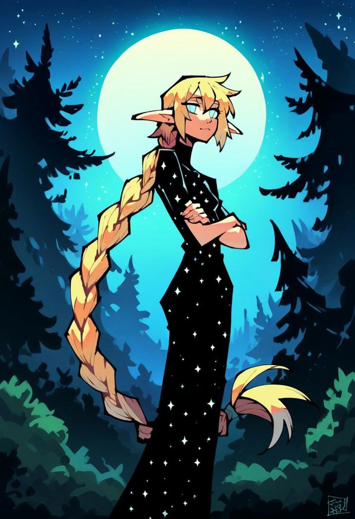 score_9, score_8_up, solo, female elf, skinny, slender, happy, short ears, black dress, starry dress, night sky, forest, female focus, very long hair, ponytail, single braid, braided ponytail, blonde hair, light blue eyes, crossed arms, tall female, soft lips, nose