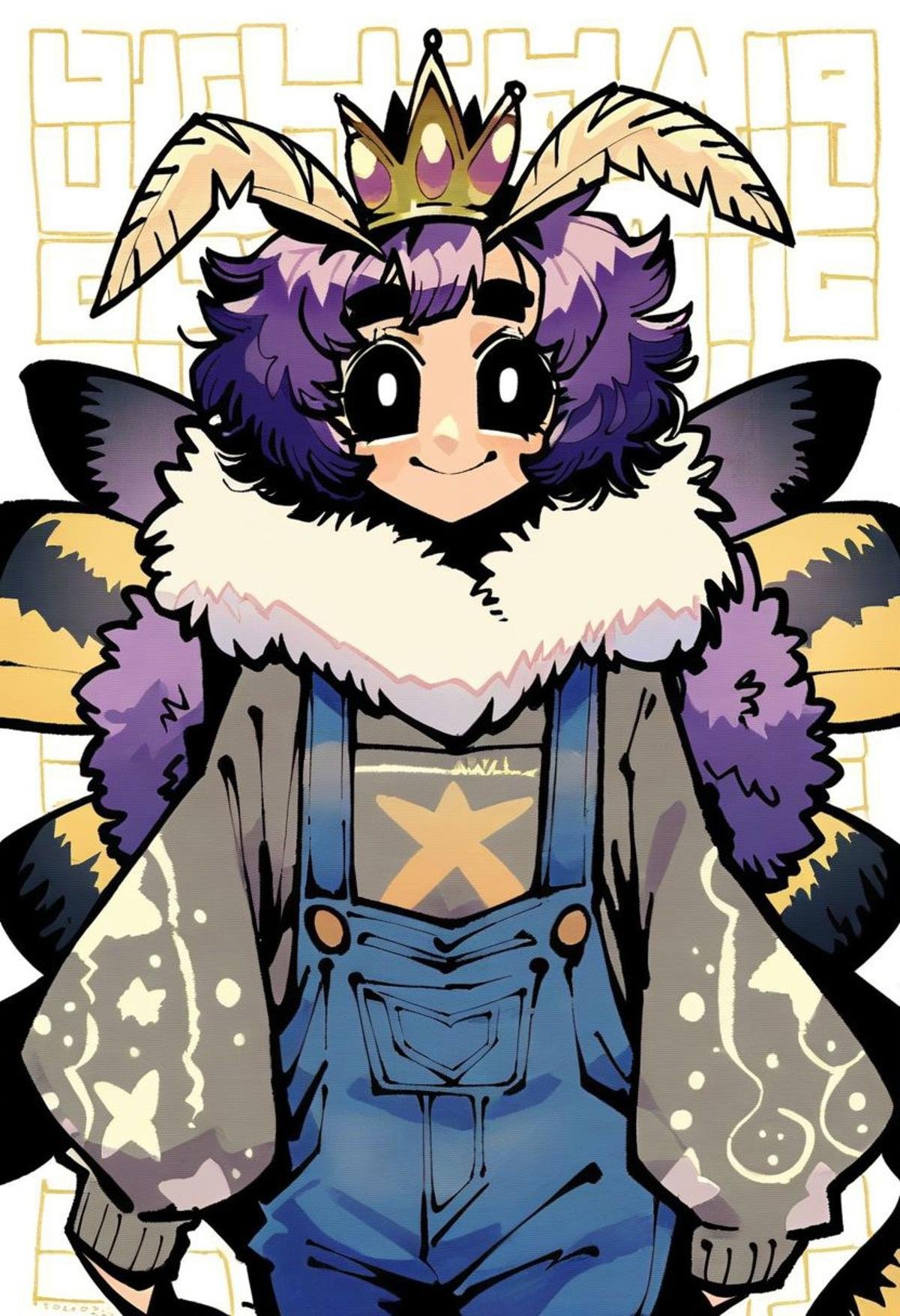 score_9, headshot portrait, mothgirl, moth antennae, four arms, fur trim, gold crown, oversized sweater, grey cardigan, overalls, white star pattern, short curly hair, purple hair, big wide black eyes, smiling, looking at viewer, moth wings,