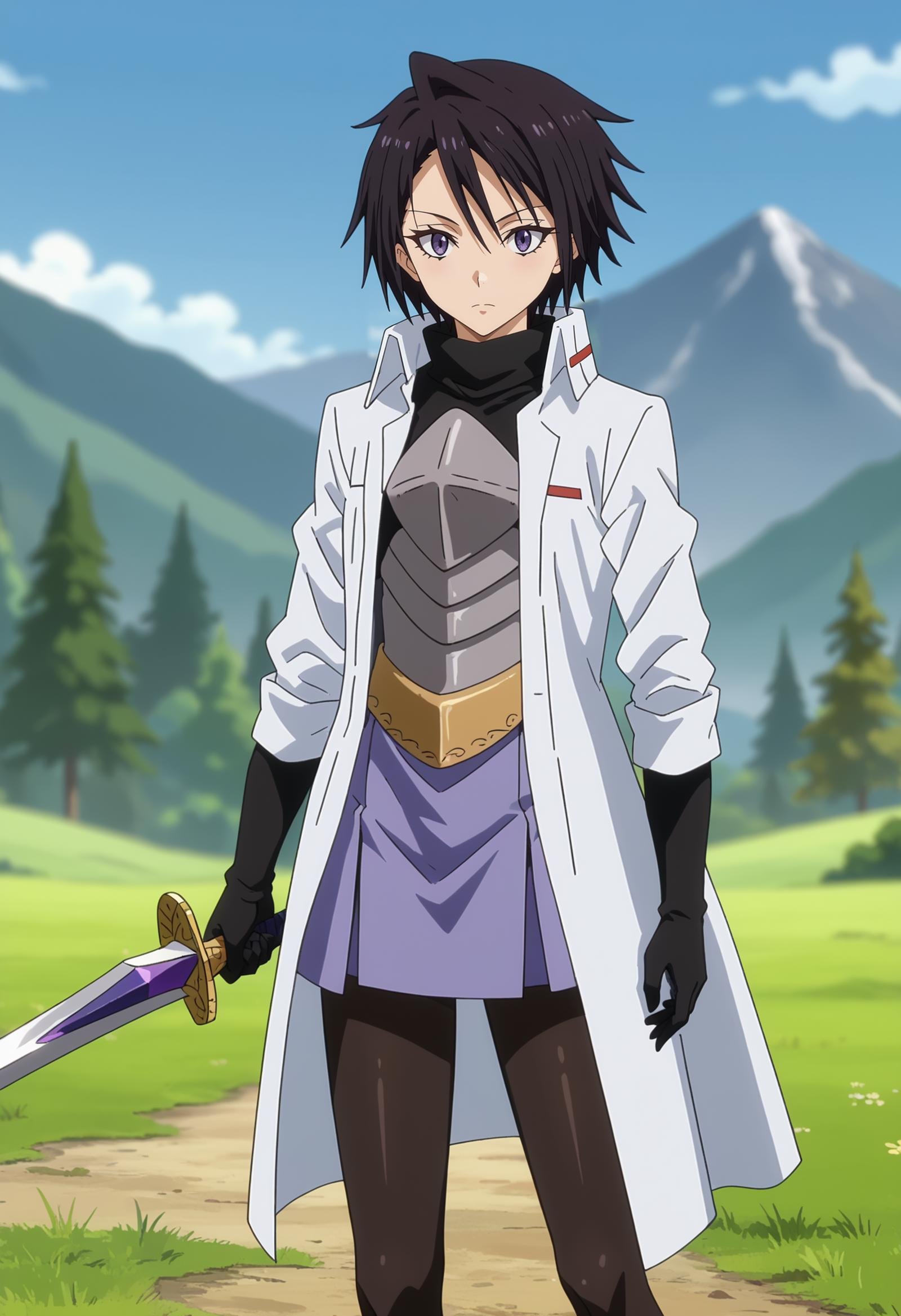 score_7_up, anime screencap,<lora:TenSura_SakaguchiHinataXL:0.9>, SakaguchiHinata,1girl, solo, closed mouth,short hair, black hair, purple eyes,holding sword,white coat, turtleneck shirt, black shirt, breastplate, black gloves, belt, purple skirt, black pantyhose,looking at viewer, cowboy shot, thigh gap,blurry background, outdoors, mountains, scenery, forest, blue sky