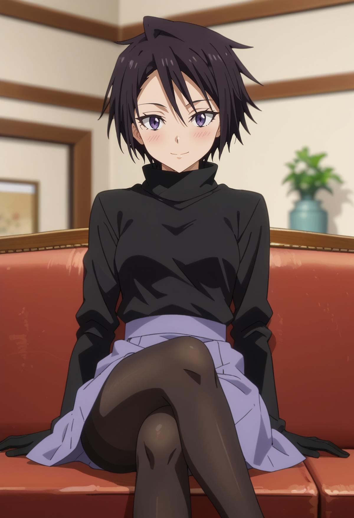 score_7_up, anime screencap,<lora:TenSura_SakaguchiHinataXL:0.9>, SakaguchiHinata,1girl, solo, closed mouth, light smile, blush,short hair, black hair, purple eyes, turtleneck shirt, black shirt, black gloves, purple skirt, black pantyhose,sitting, crossed legs, couch, looking at viewer,blurry background, indoors,