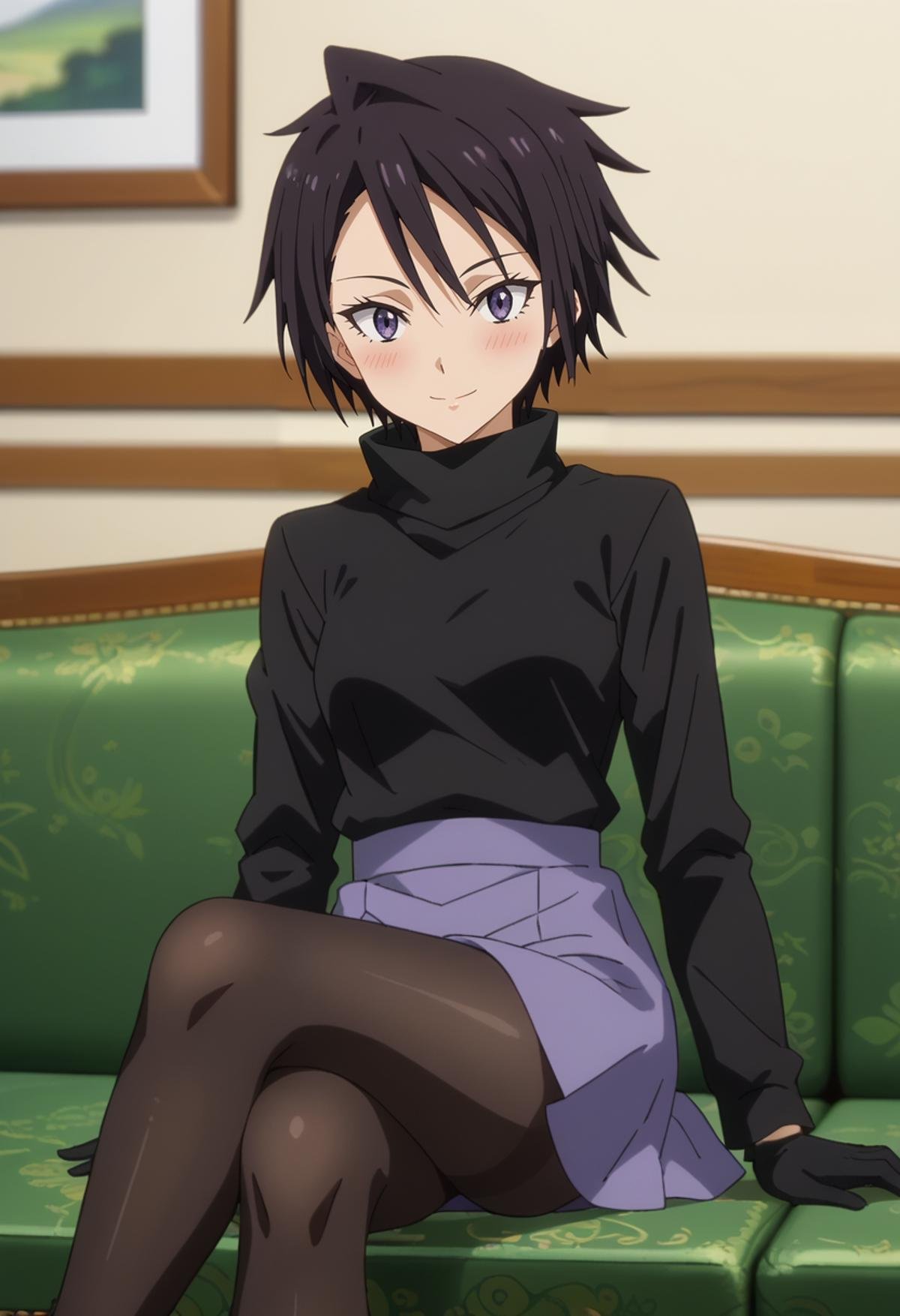 score_7_up, anime screencap,<lora:TenSura_SakaguchiHinataXL:0.9>, SakaguchiHinata,1girl, solo, closed mouth, light smile, blush,short hair, black hair, purple eyes, turtleneck shirt, black shirt, black gloves, purple skirt, black pantyhose,sitting, crossed legs, couch, looking at viewer,blurry background, indoors,