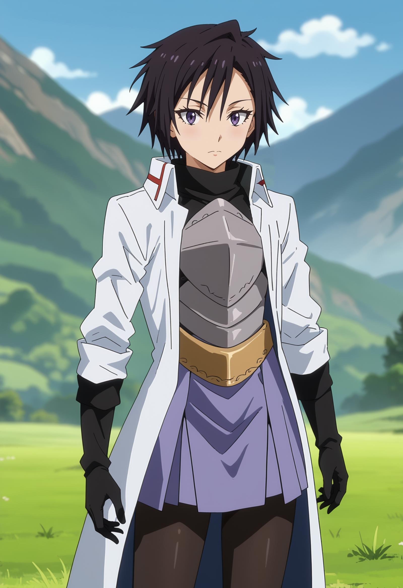 score_7_up, anime screencap,<lora:TenSura_SakaguchiHinataXL:0.9>, SakaguchiHinata,1girl, solo, closed mouth,short hair, black hair, purple eyes,white coat, turtleneck shirt, black shirt, breastplate, black gloves, belt, purple skirt, black pantyhose,looking at viewer, cowboy shot, thigh gap,blurry background, outdoors, mountains, scenery, forest, blue sky